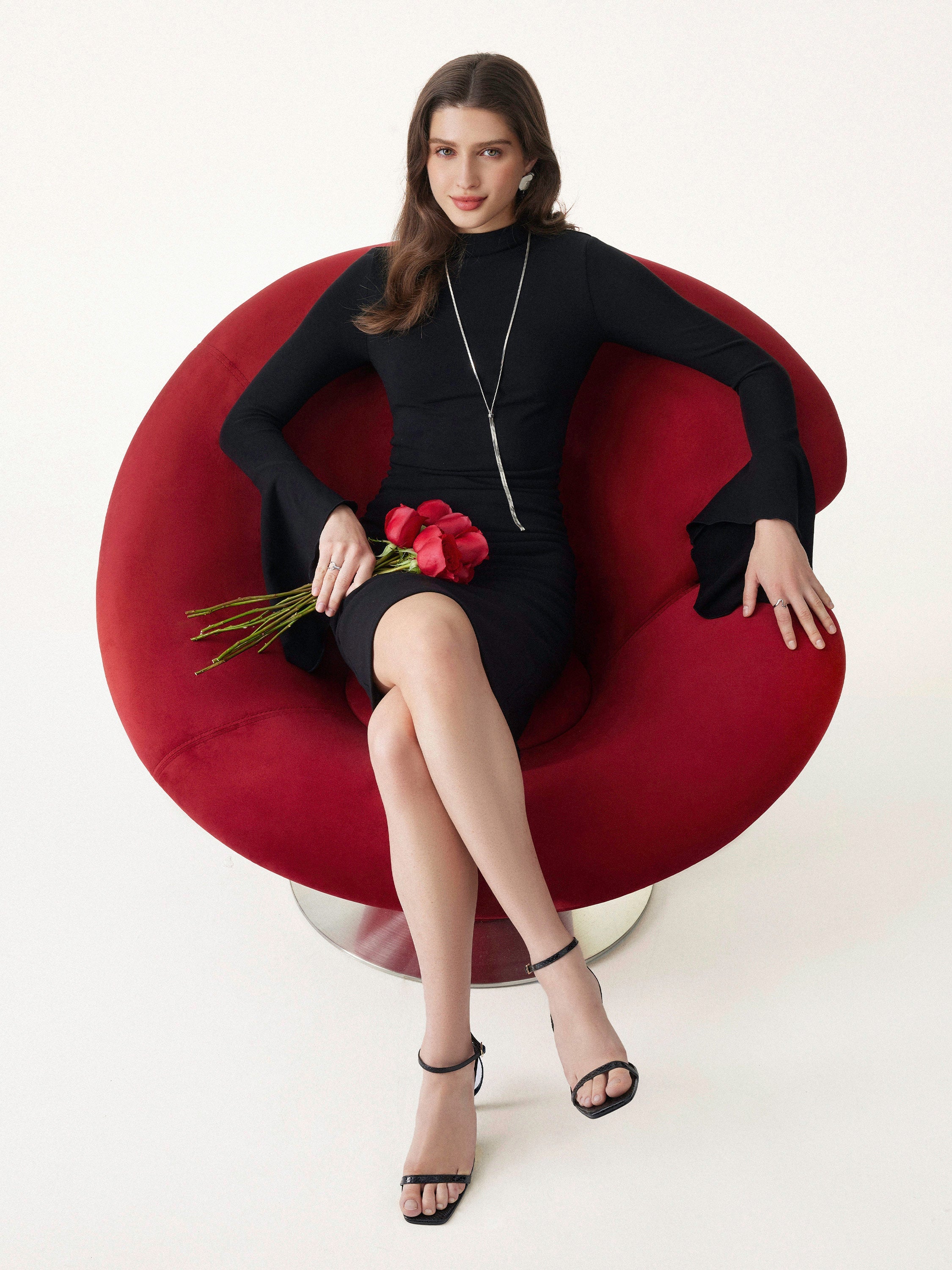 Mockneck Flounce Sleeves Ruched Mini Brami Dress