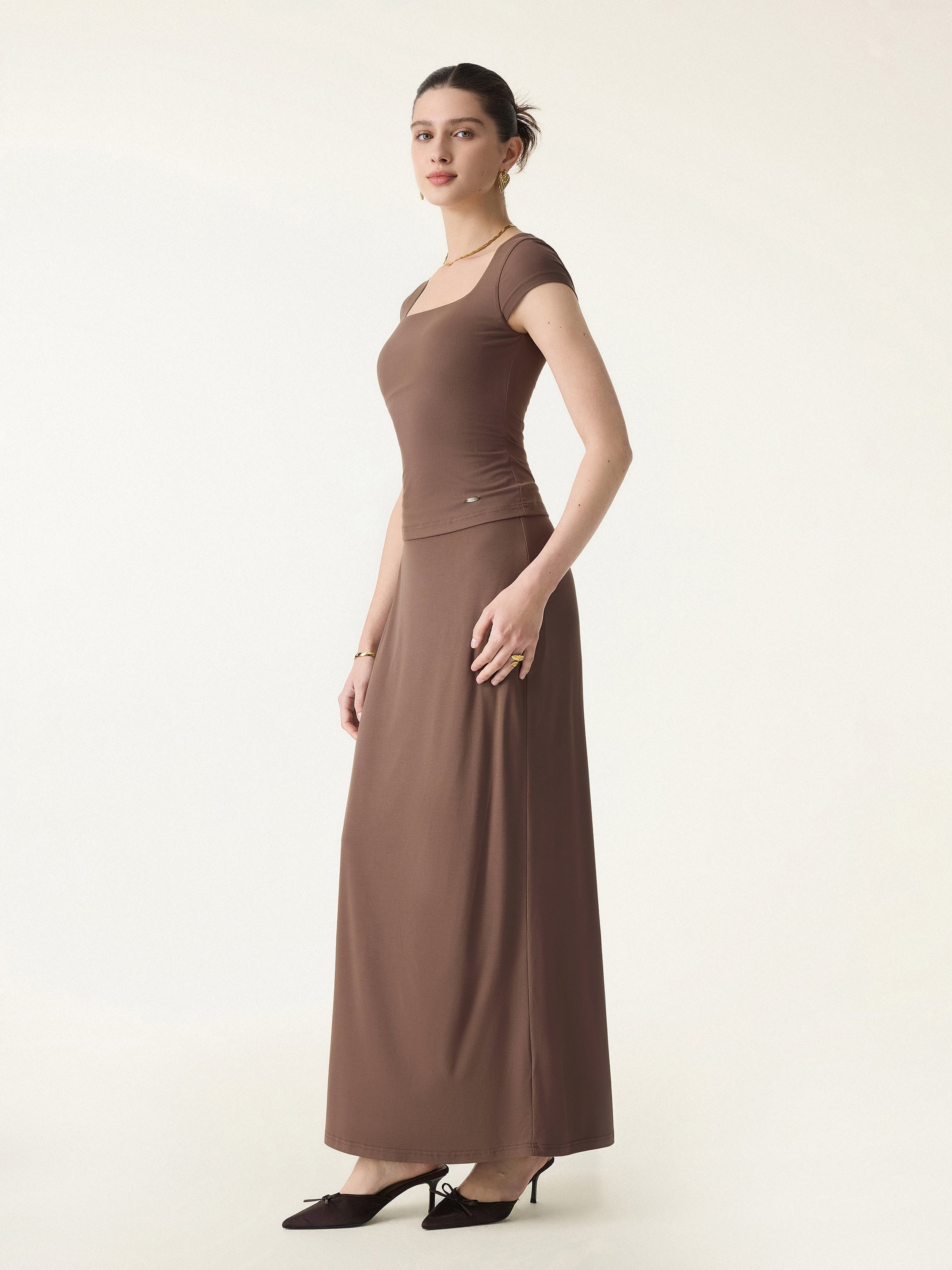 2Pcs Set SkinKiss Square Neck Cap Sleeve Cropped Brami & H-Line Maxi Skirt