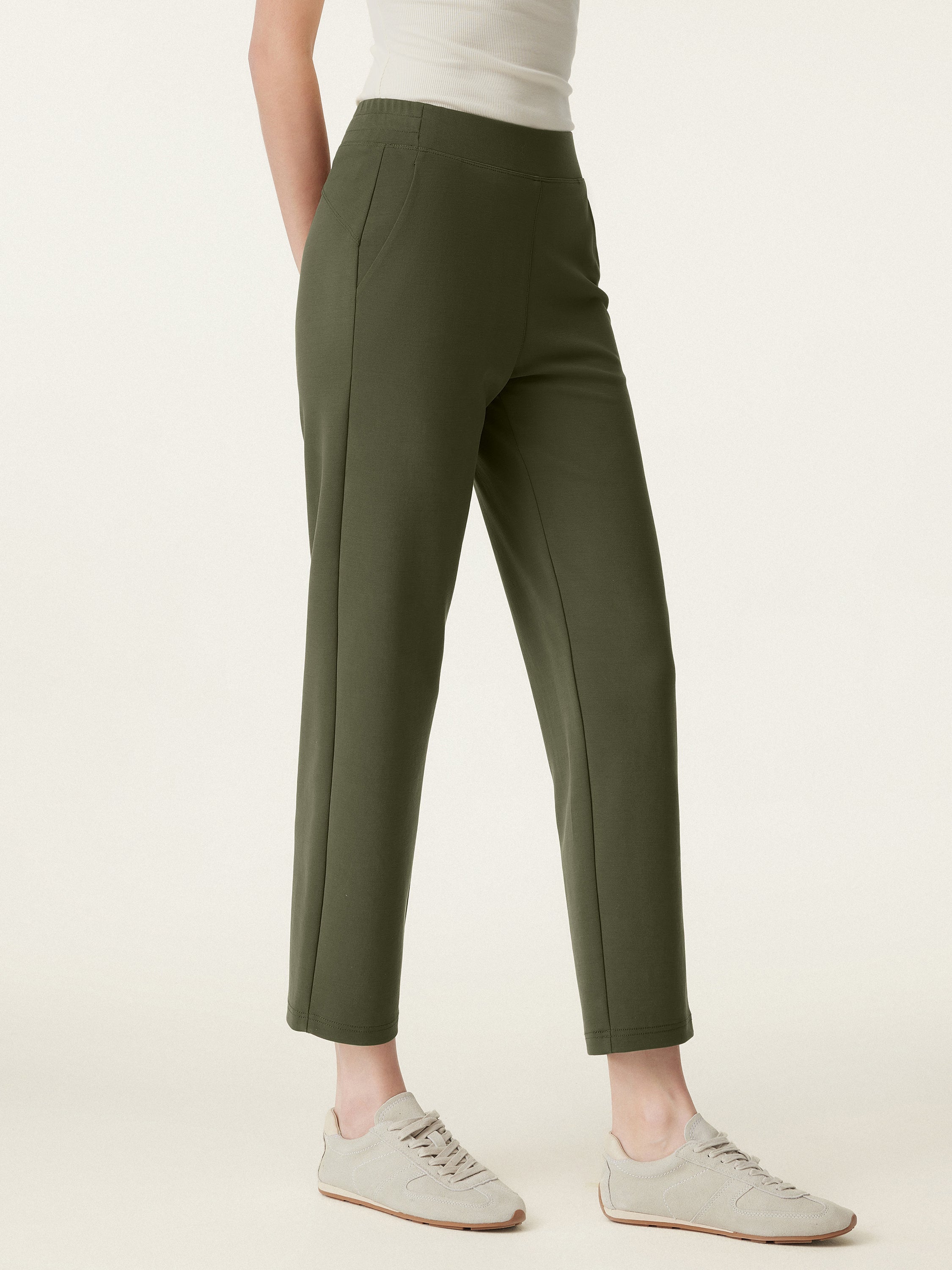 Mid Rise Pull-on Tapered Pants with Pockets