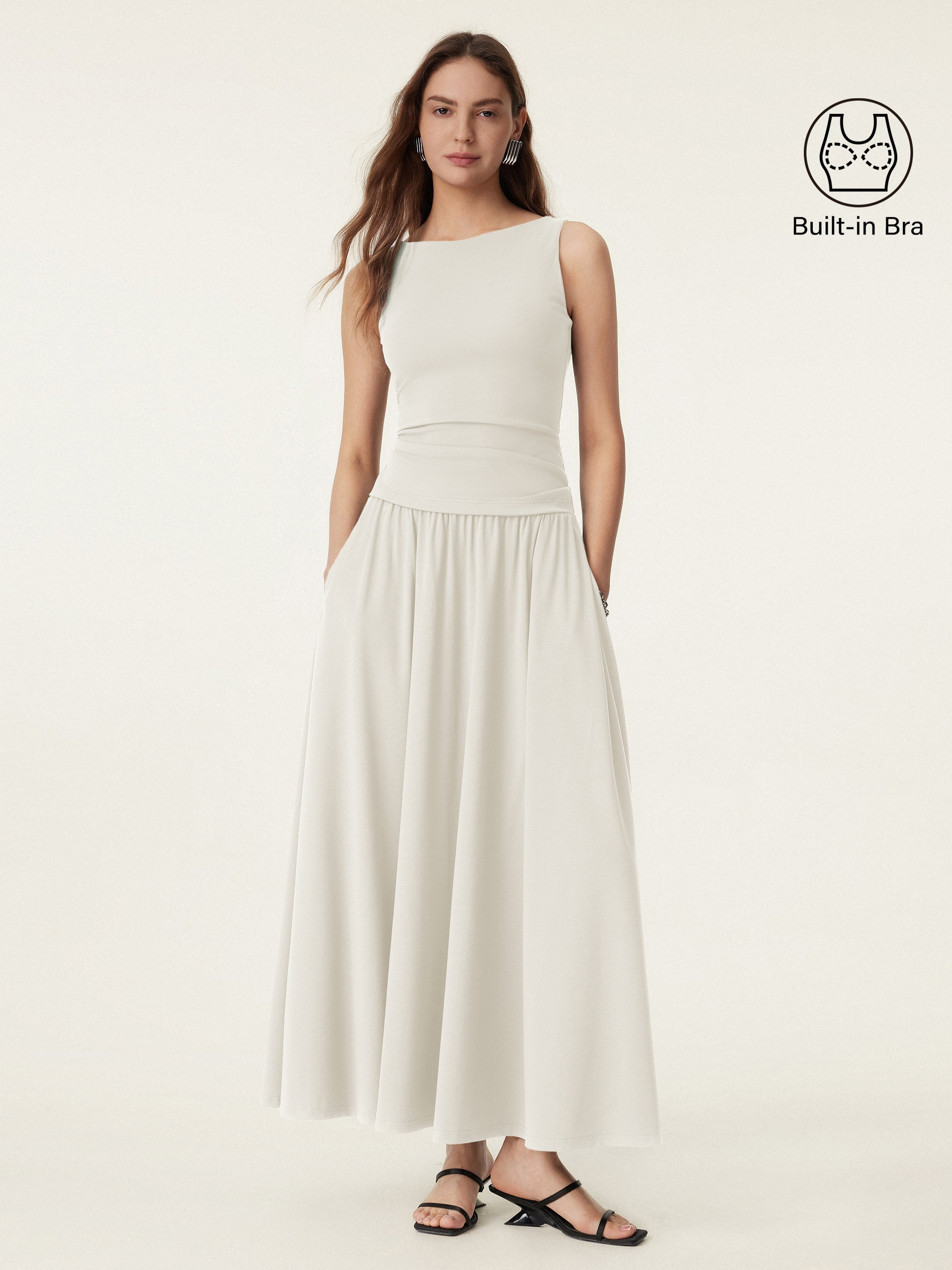 2Pcs Set Stretch Cotton Boatneck Brami Tank & Maxi Umbrella Skirt with Pockets