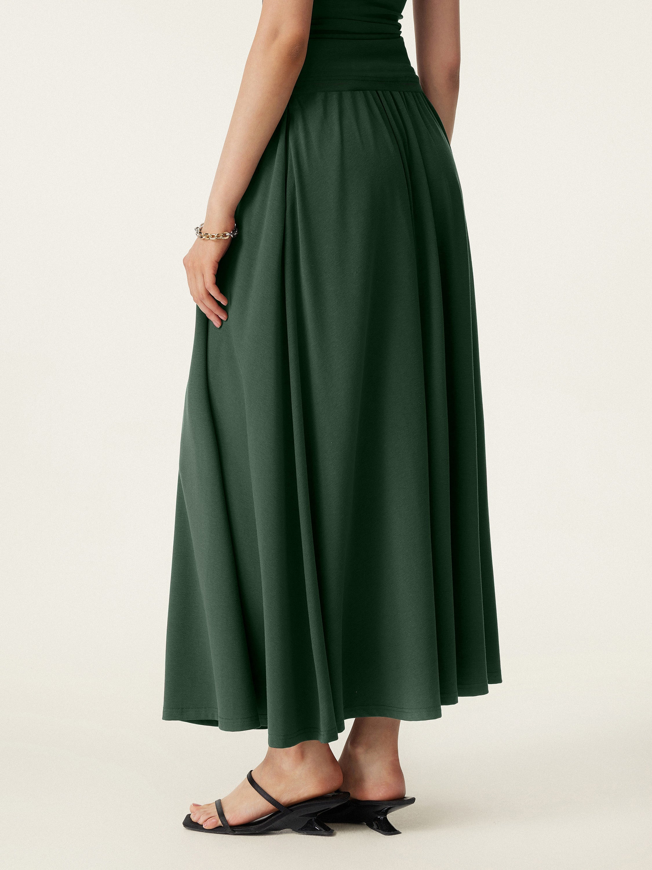 2Pcs Set Stretch Cotton Boatneck Brami Tank & Maxi Umbrella Skirt with Pockets