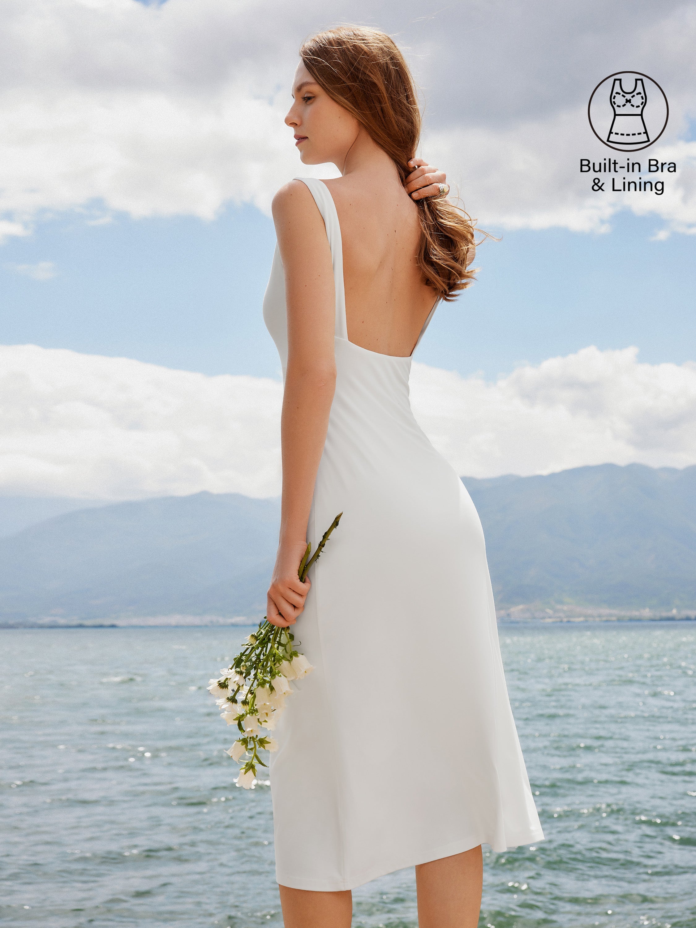 Classy Boatneck Open Back Bandless Midi Brami Dress