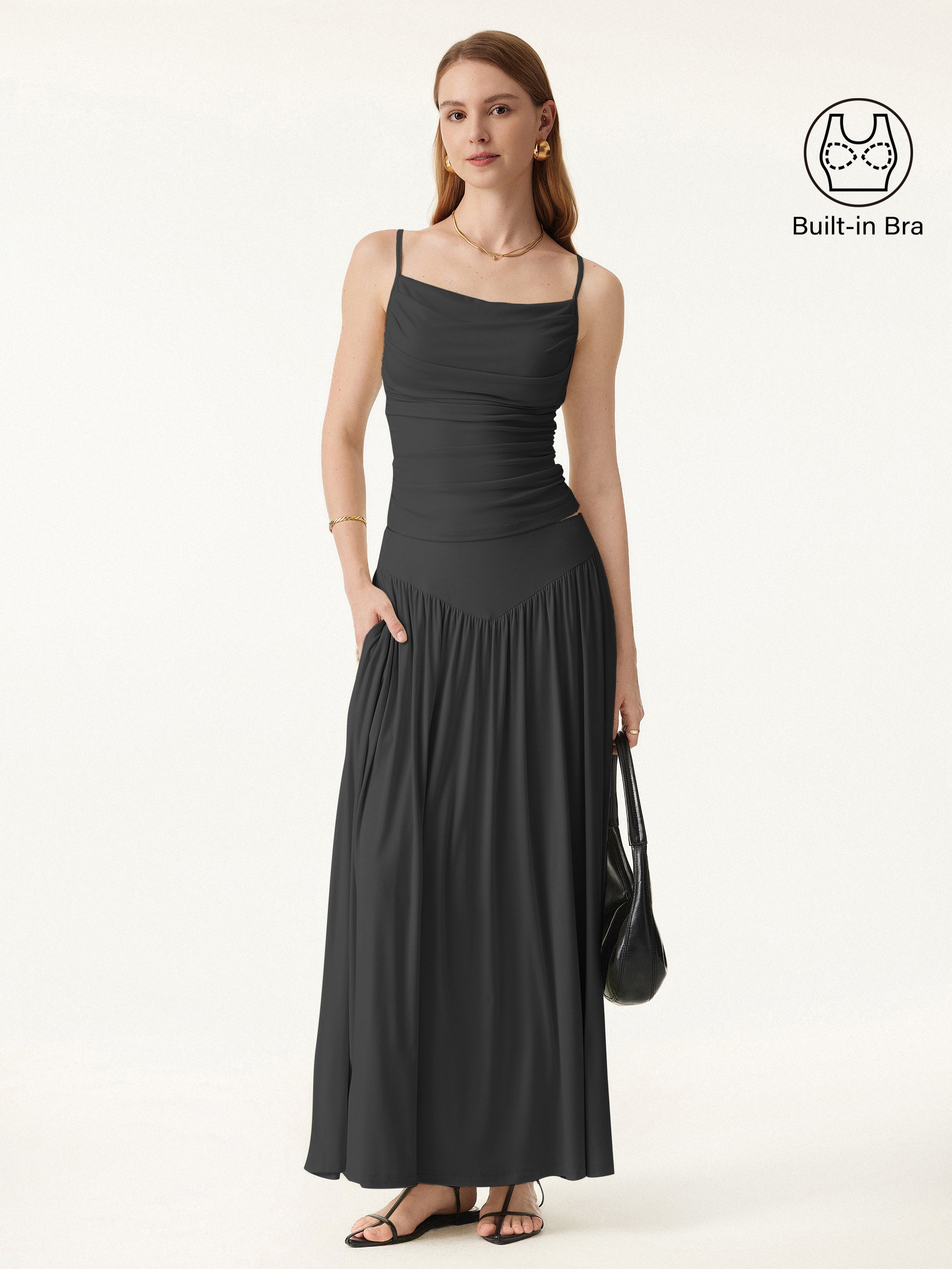 2Pcs Set Adjustable Spaghetti Straps Brami & V-shape Maxi Skirt with Pockets