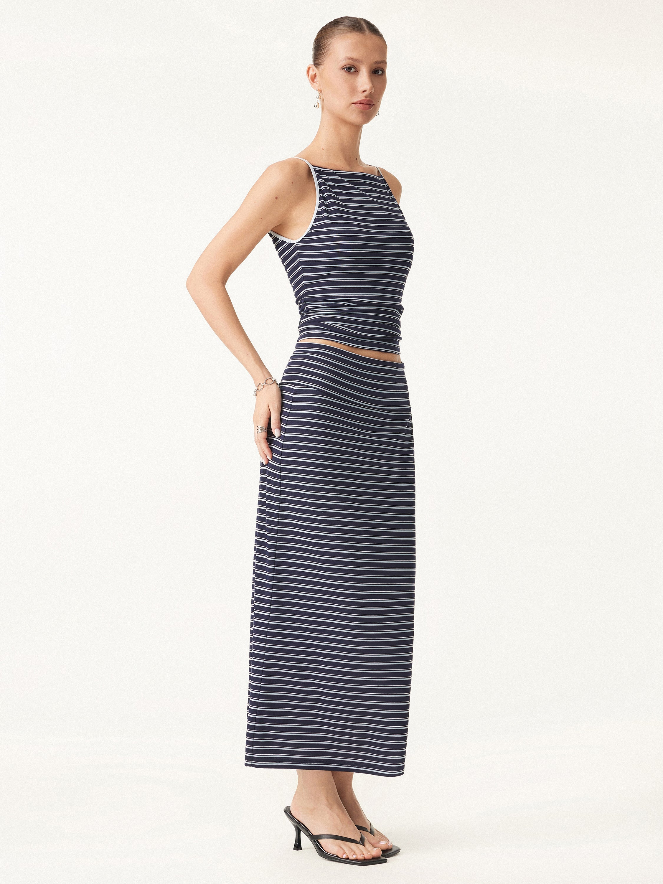 2Pcs Set Striped Spaghetti Brami & Low Rise Striped Midi Skirt
