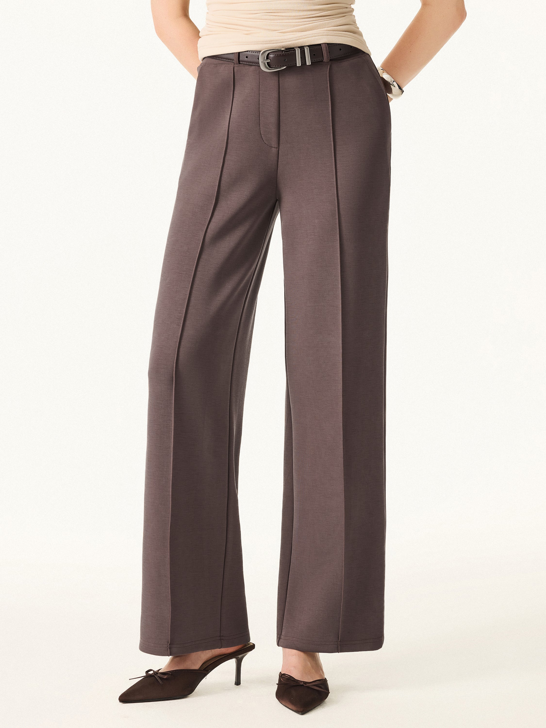 Wrinkle-Resistant Mid Rise Straight Leg Pants with Pockets