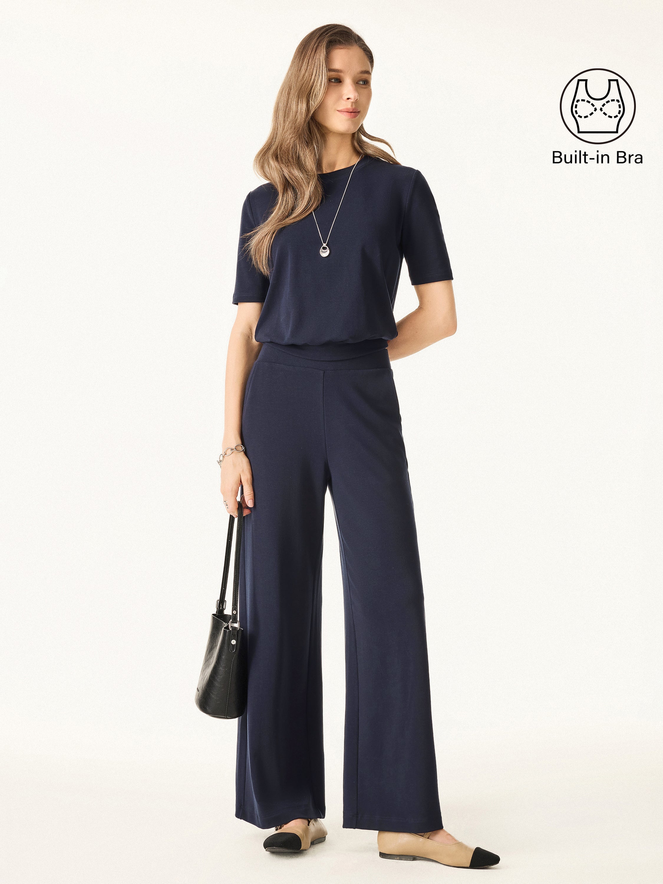 2Pcs Set Petite Mid Rise Wide Leg Pants with Pockets & Crewneck Brami with Banded Hem