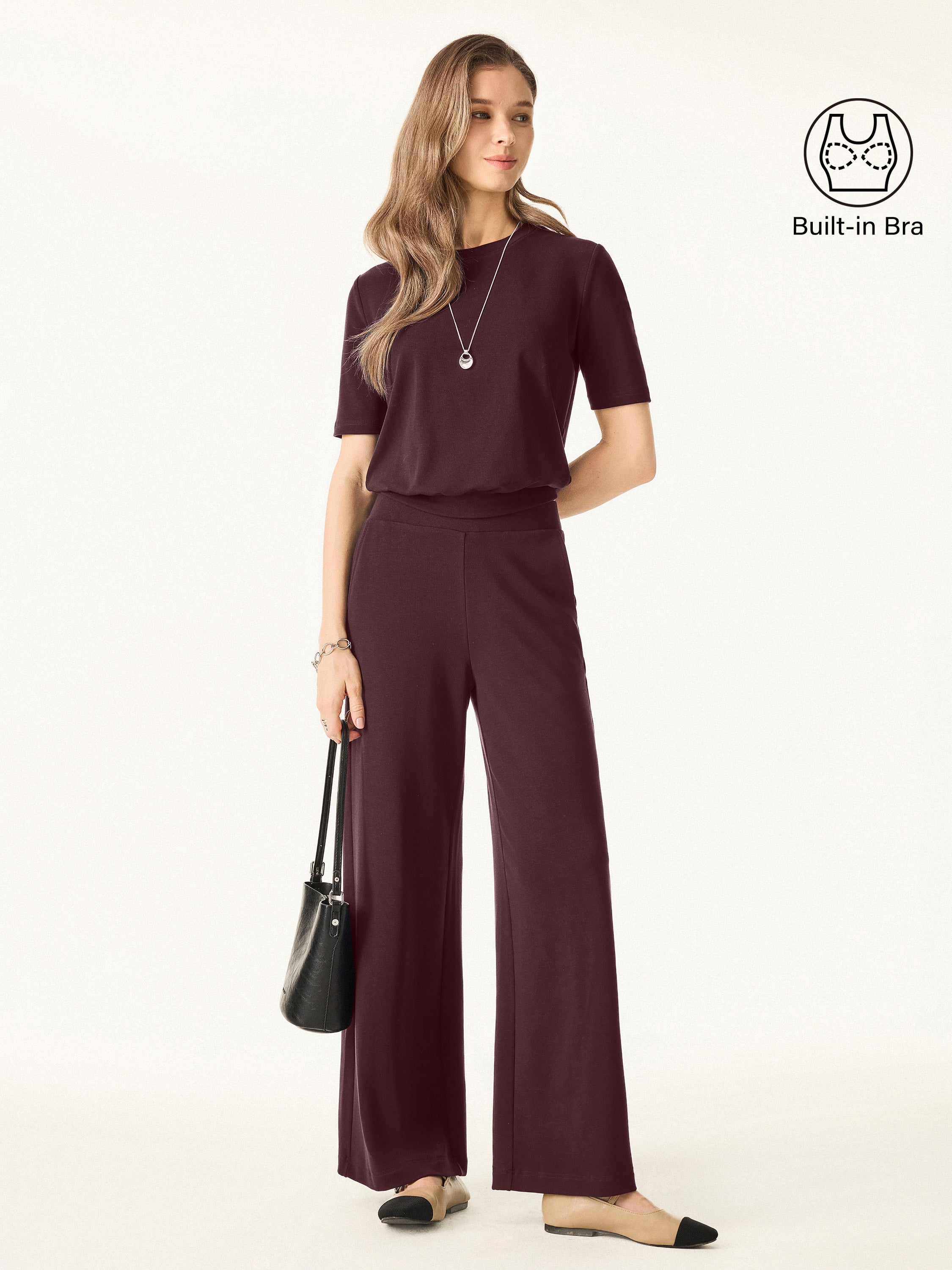 2Pcs Set Petite Mid Rise Wide Leg Pants with Pockets & Crewneck Brami with Banded Hem