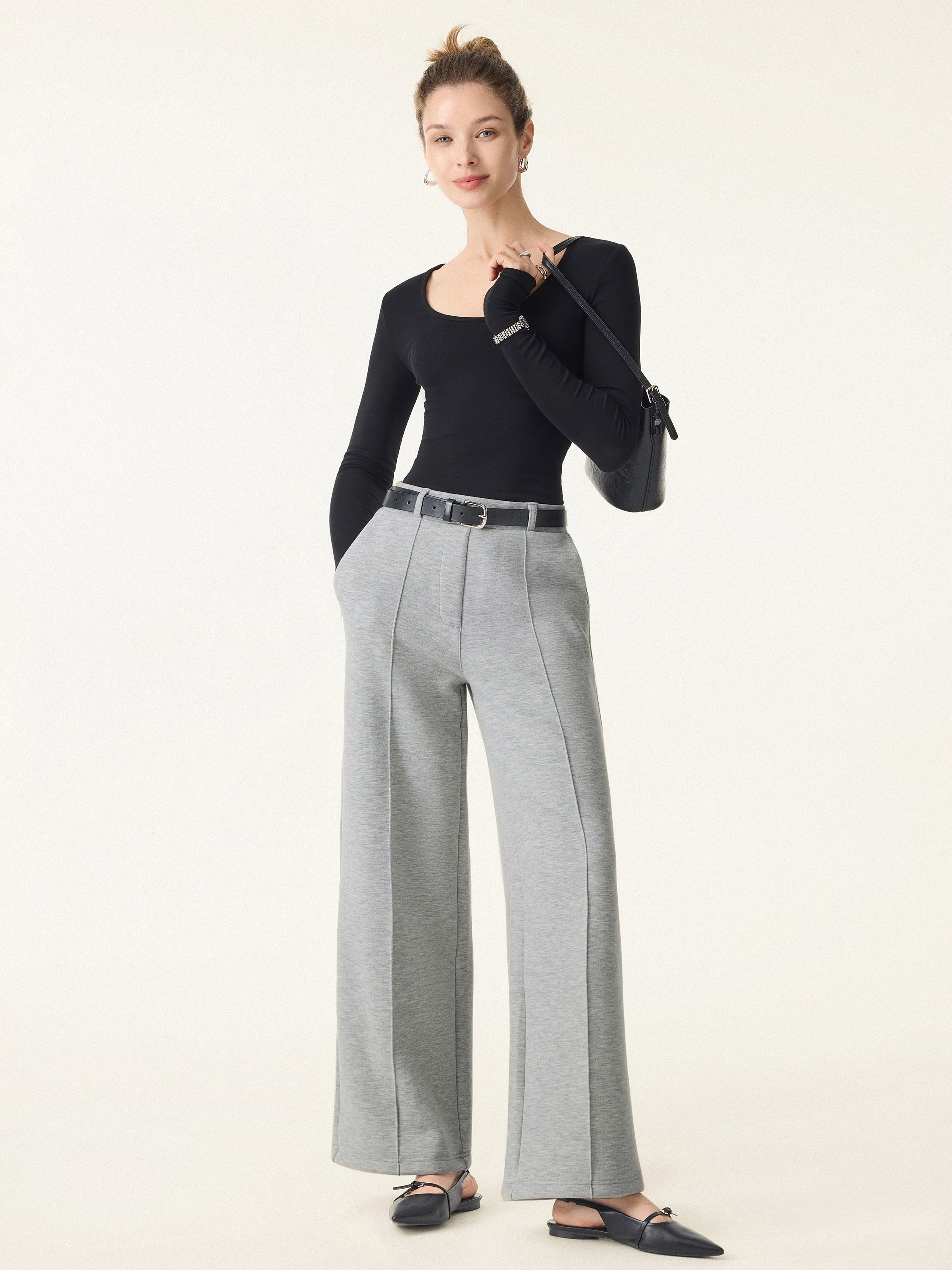 2Pcs Set Petite High Waisted Straight Leg Pant & Split Hem Top