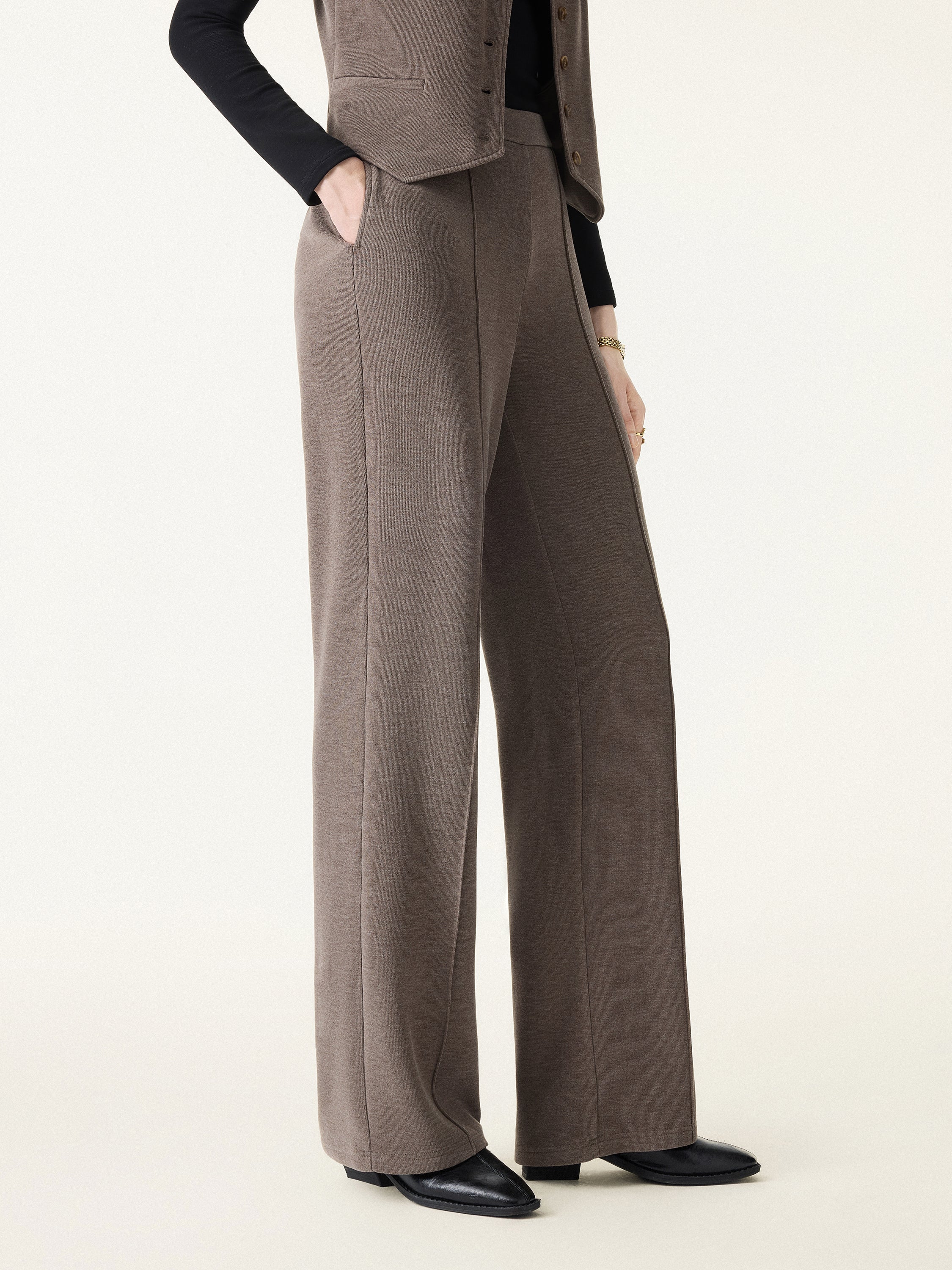 Brushed Warm High Rise Pintuck Straight Leg Pull-on Pants