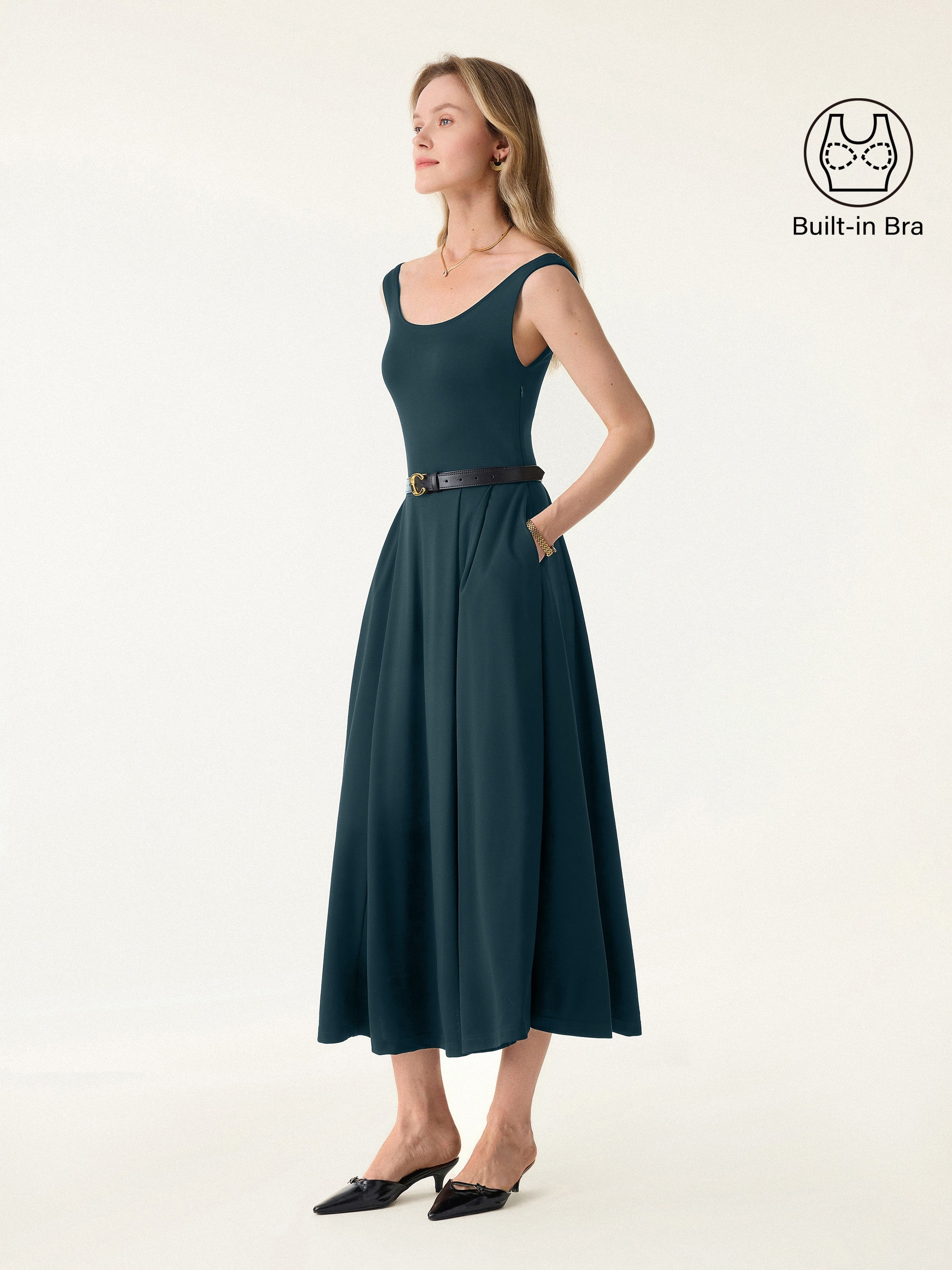 Balletic Scoop Neck Midi Brami Dress with Pockets