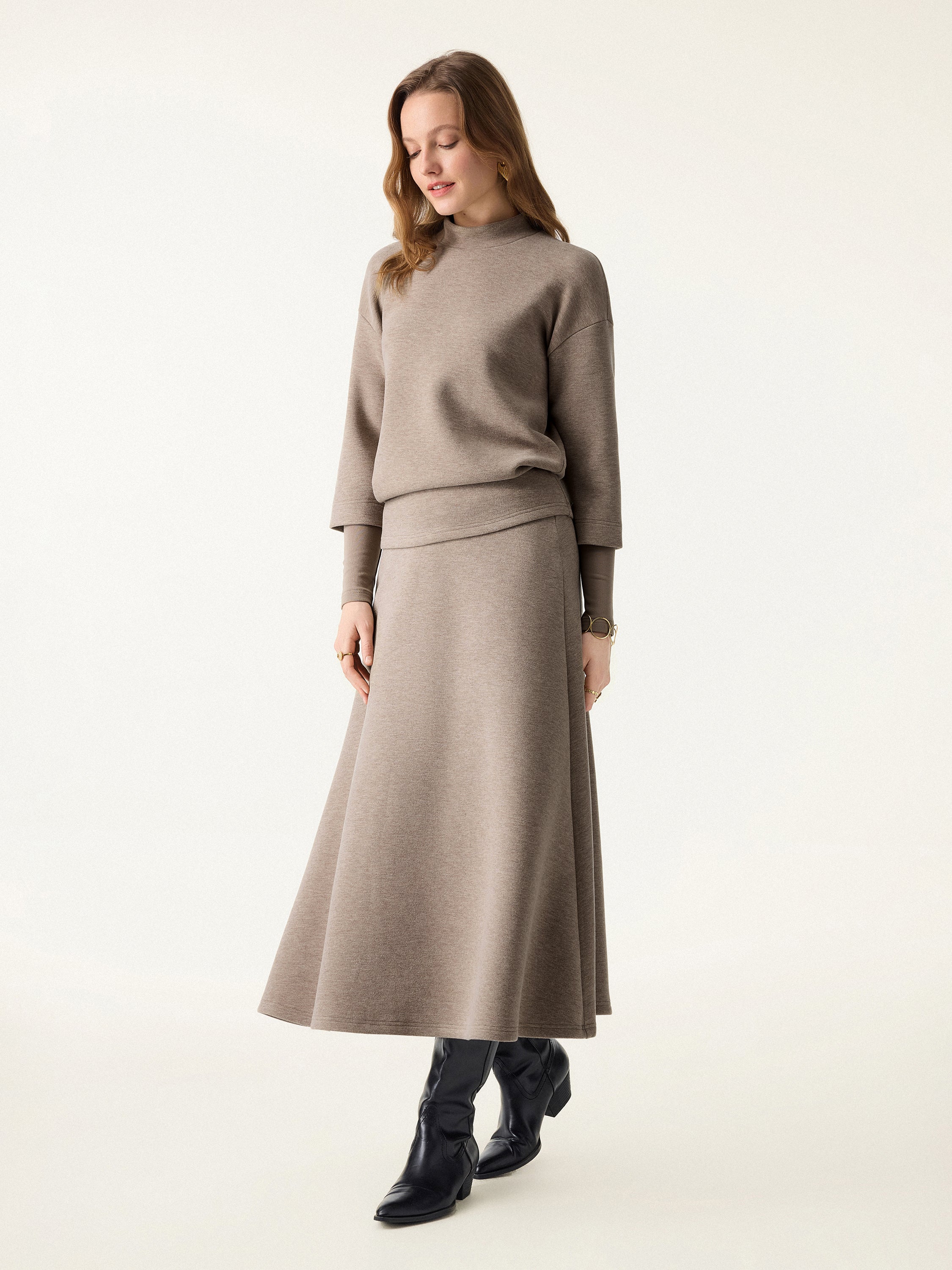 2Pcs Set FuzzLuxe Mockneck Sleeve-Warmer Top &  Midi A-line Circle Skirt