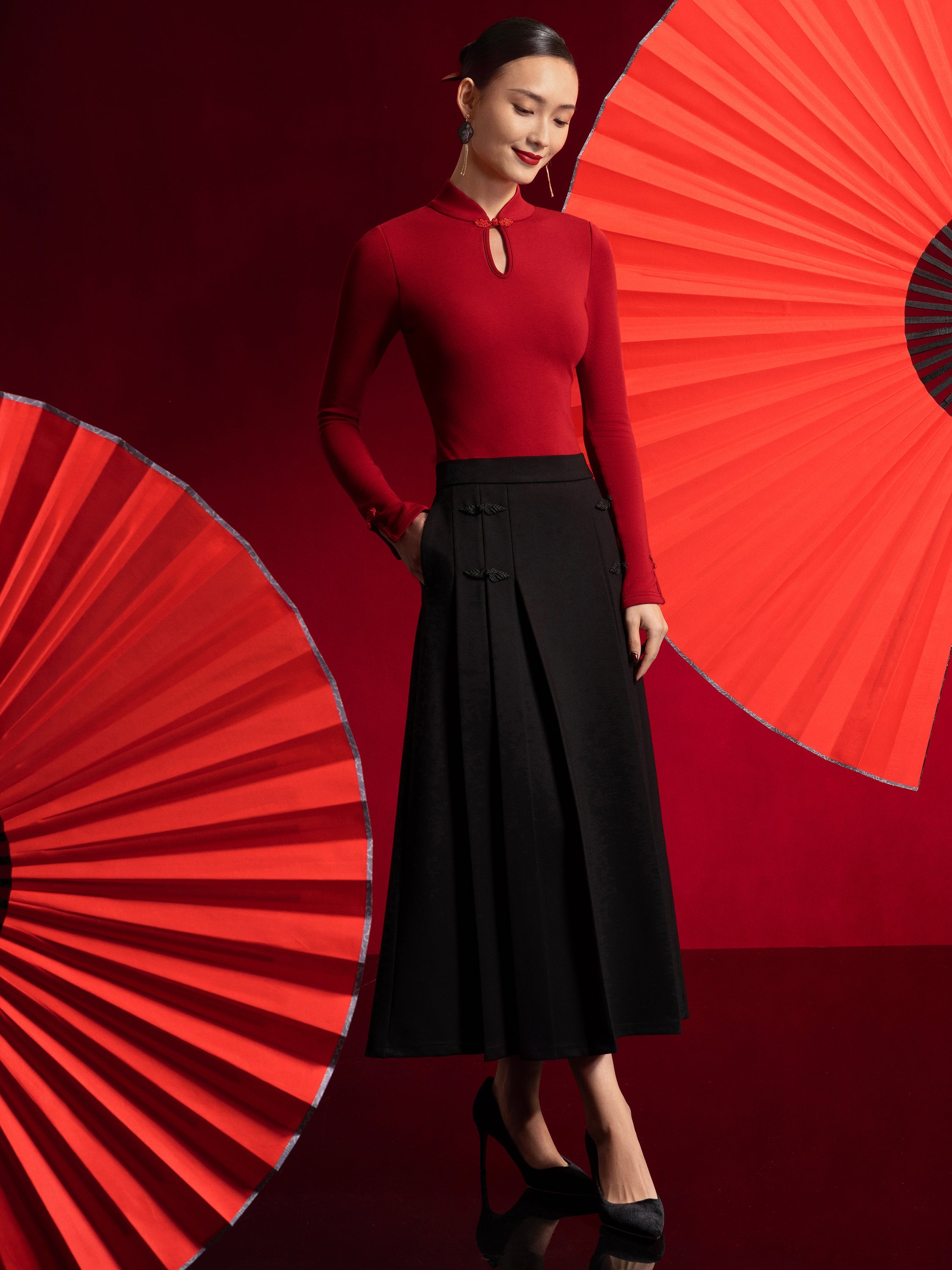 Pleated Frog Button Decor Midi A-line Skirt Limited Edition