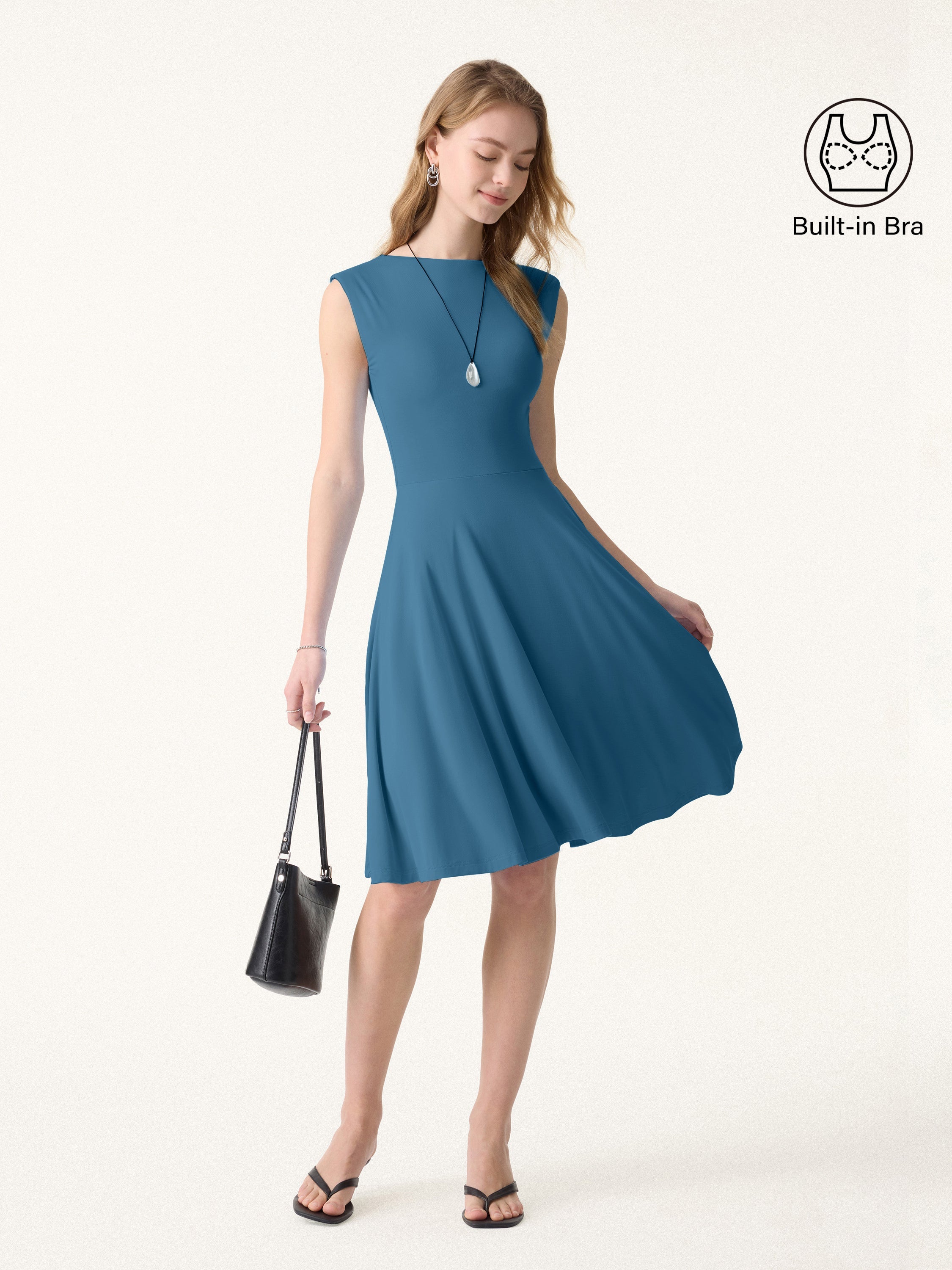 SkinKiss Boatneck Wide Shoulder Brami Dress with Pockets