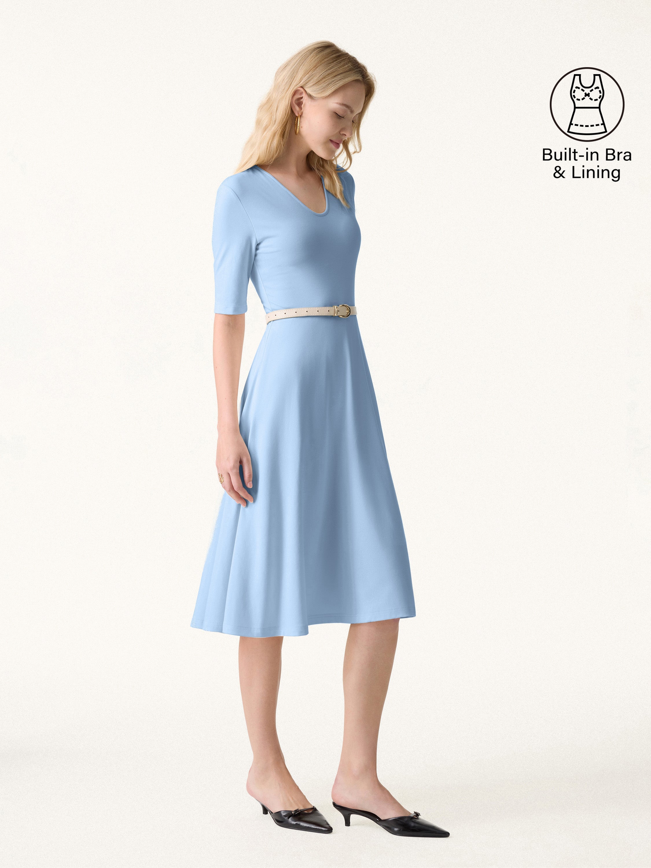 V-Neck Elbow Sleeve Midi Brami Dress with Pockets