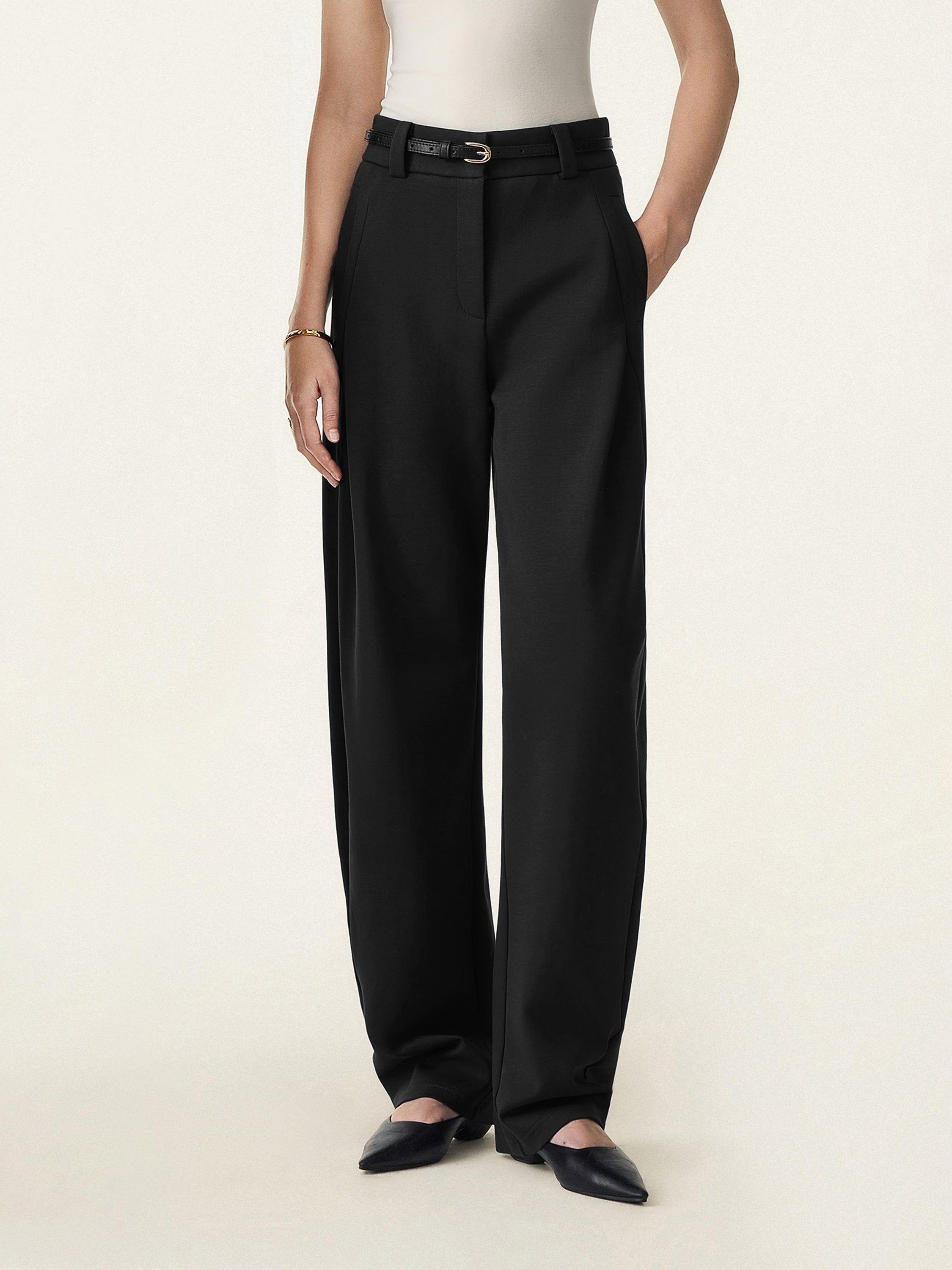 Spring Stretch Cotton High Rise Barrel Leg Pants with Pockets