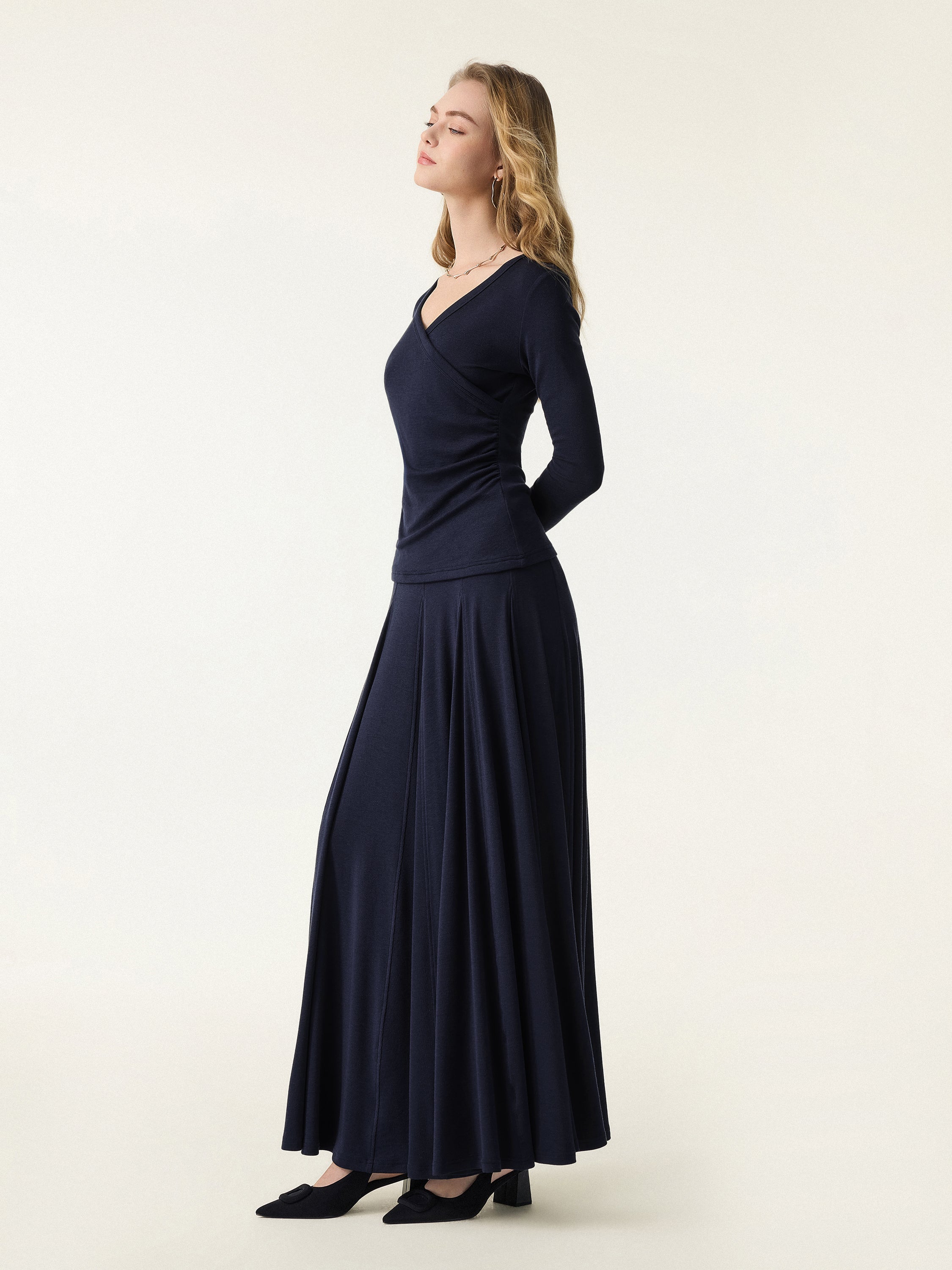 2Pcs Set Surplice Ruched Long Sleeve & Godet Hem Pull-on Maxi Skirt