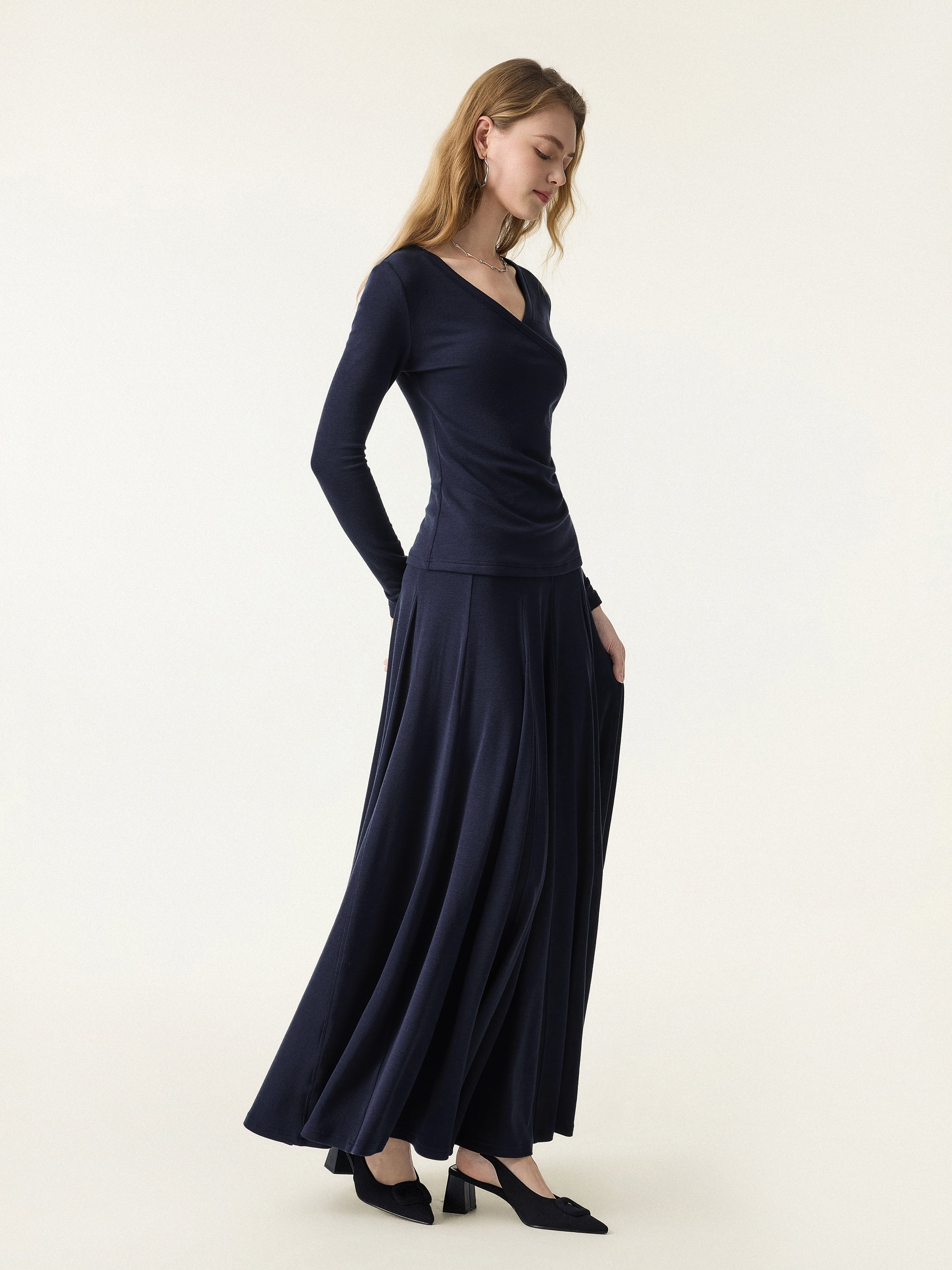2Pcs Set Surplice Ruched Long Sleeve & Godet Hem Pull-on Maxi Skirt