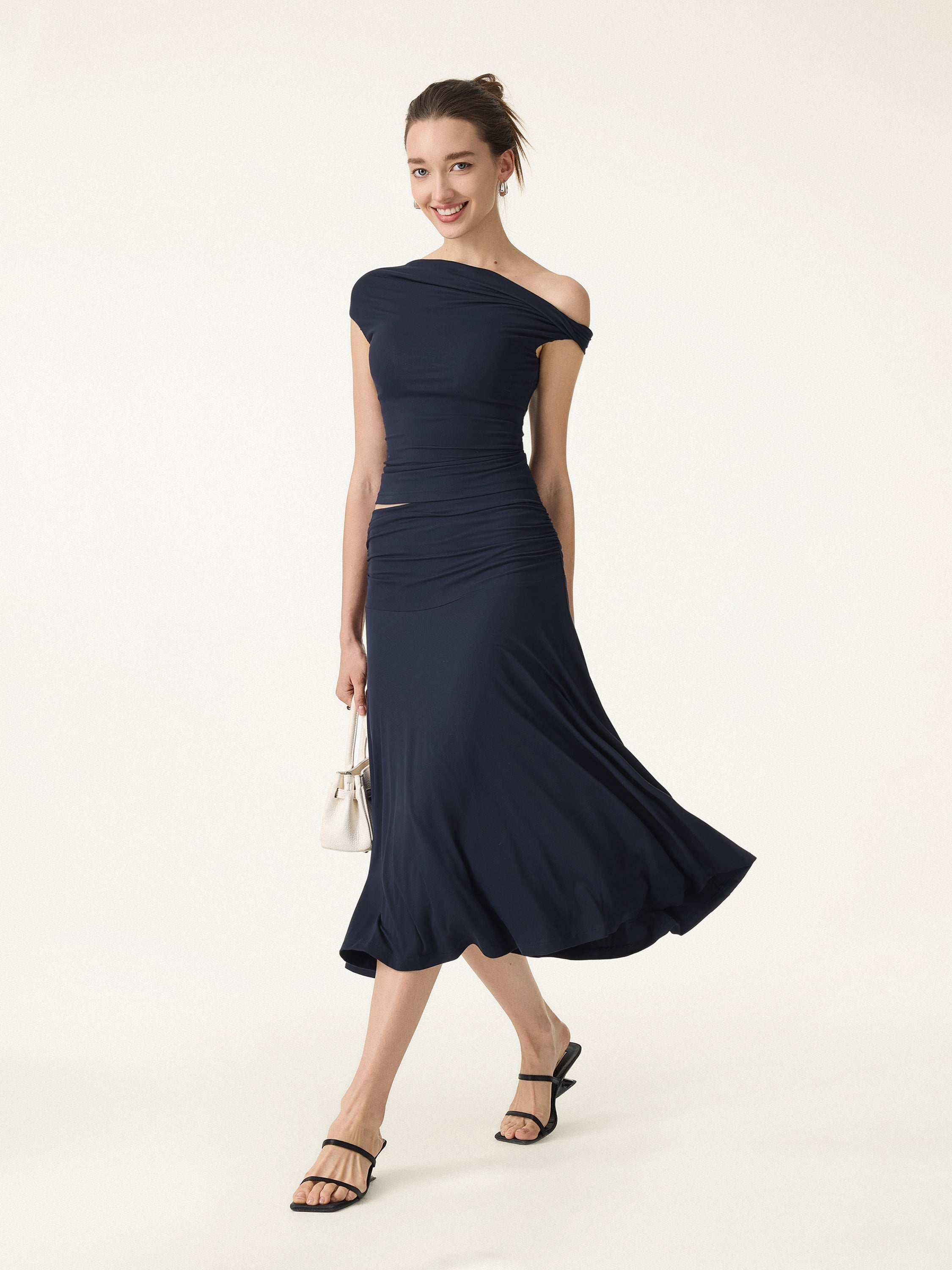 2Pcs Set Multi-wear Versatile Necklines Brami Top & Flowy Side Ruched A-line Midi Skirt