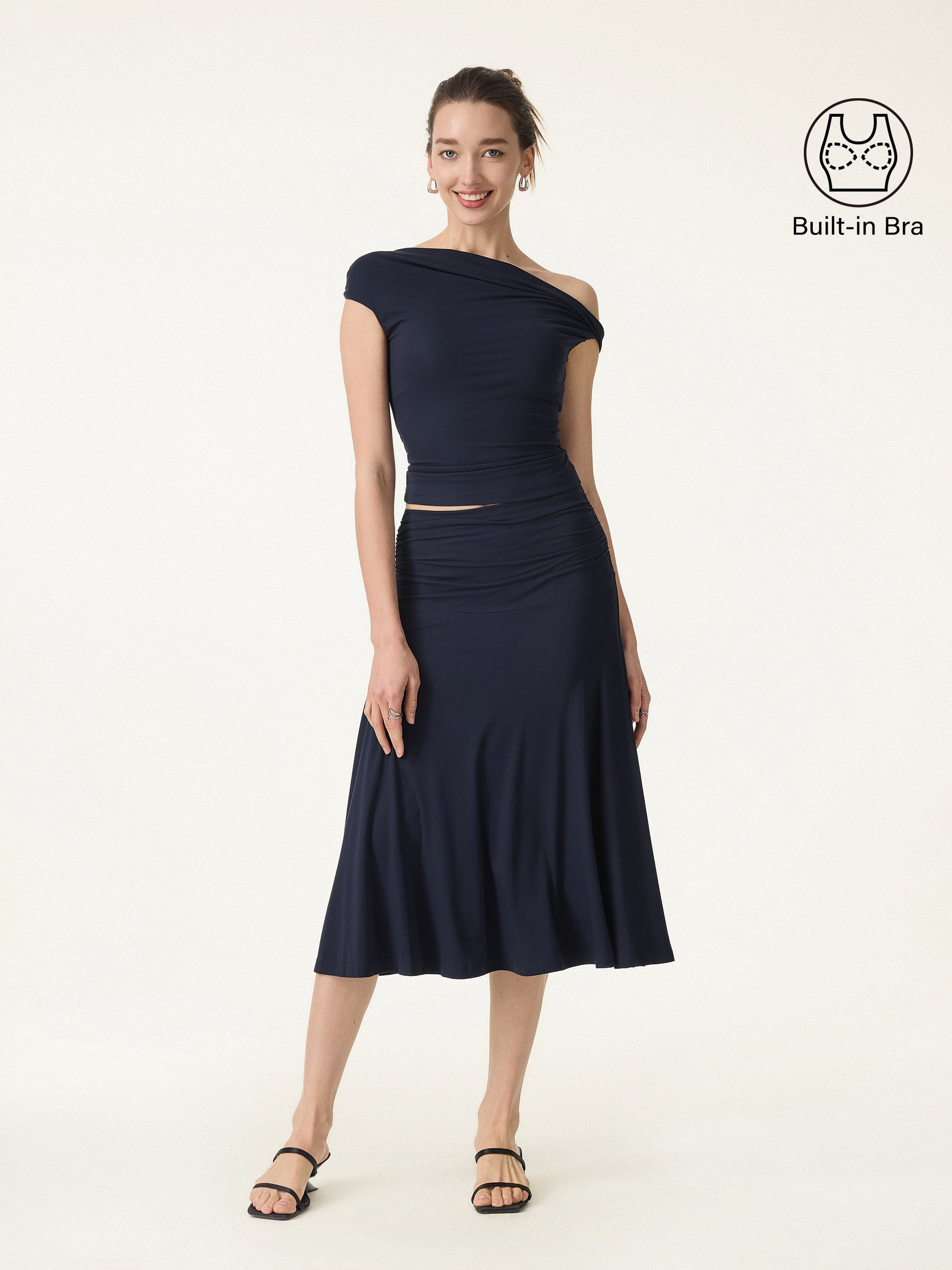 2Pcs Set Multi-wear Versatile Necklines Brami Top & Flowy Side Ruched A-line Midi Skirt