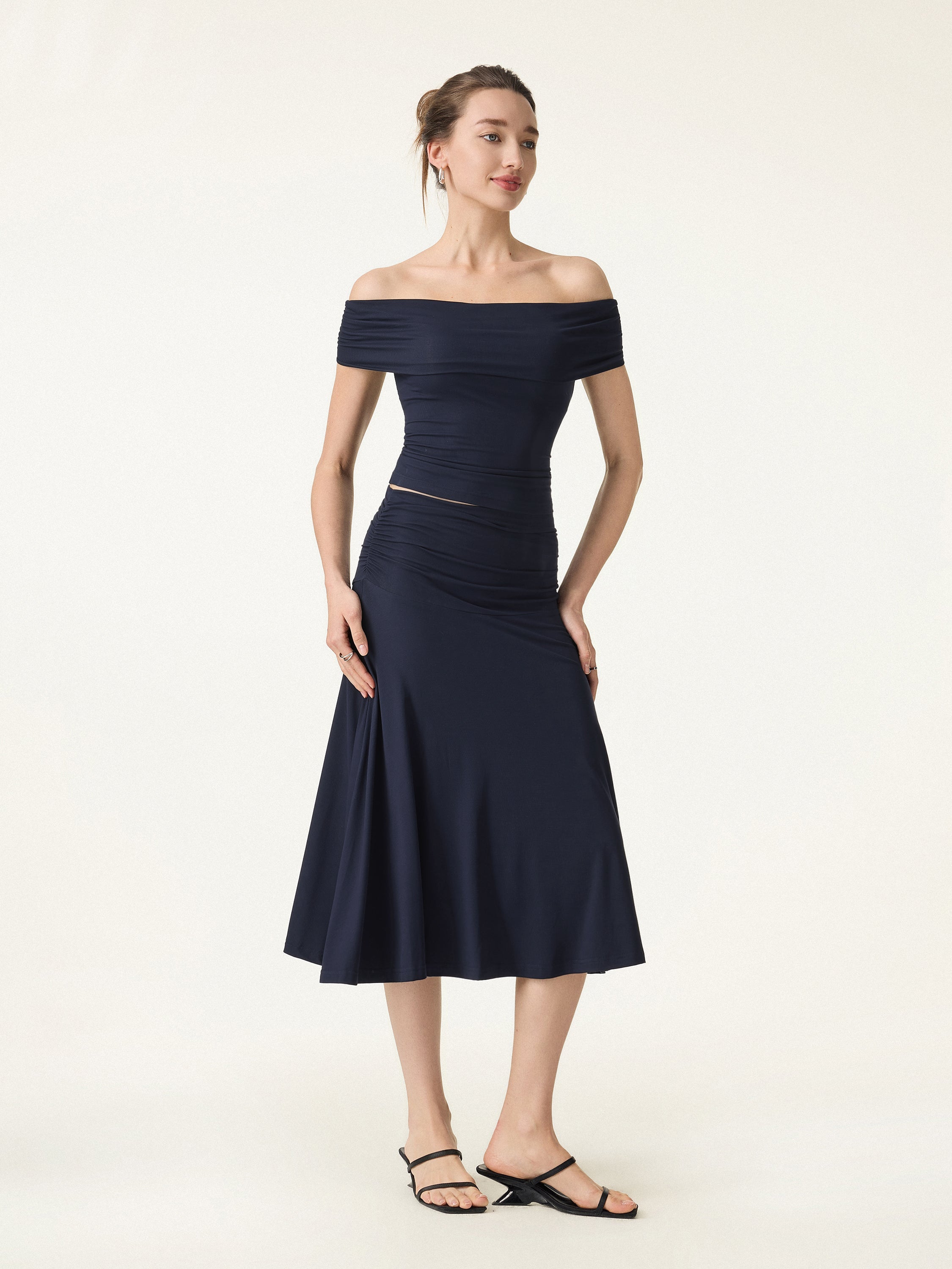 2Pcs Set Multi-wear Versatile Necklines Brami Top & Flowy Side Ruched A-line Midi Skirt