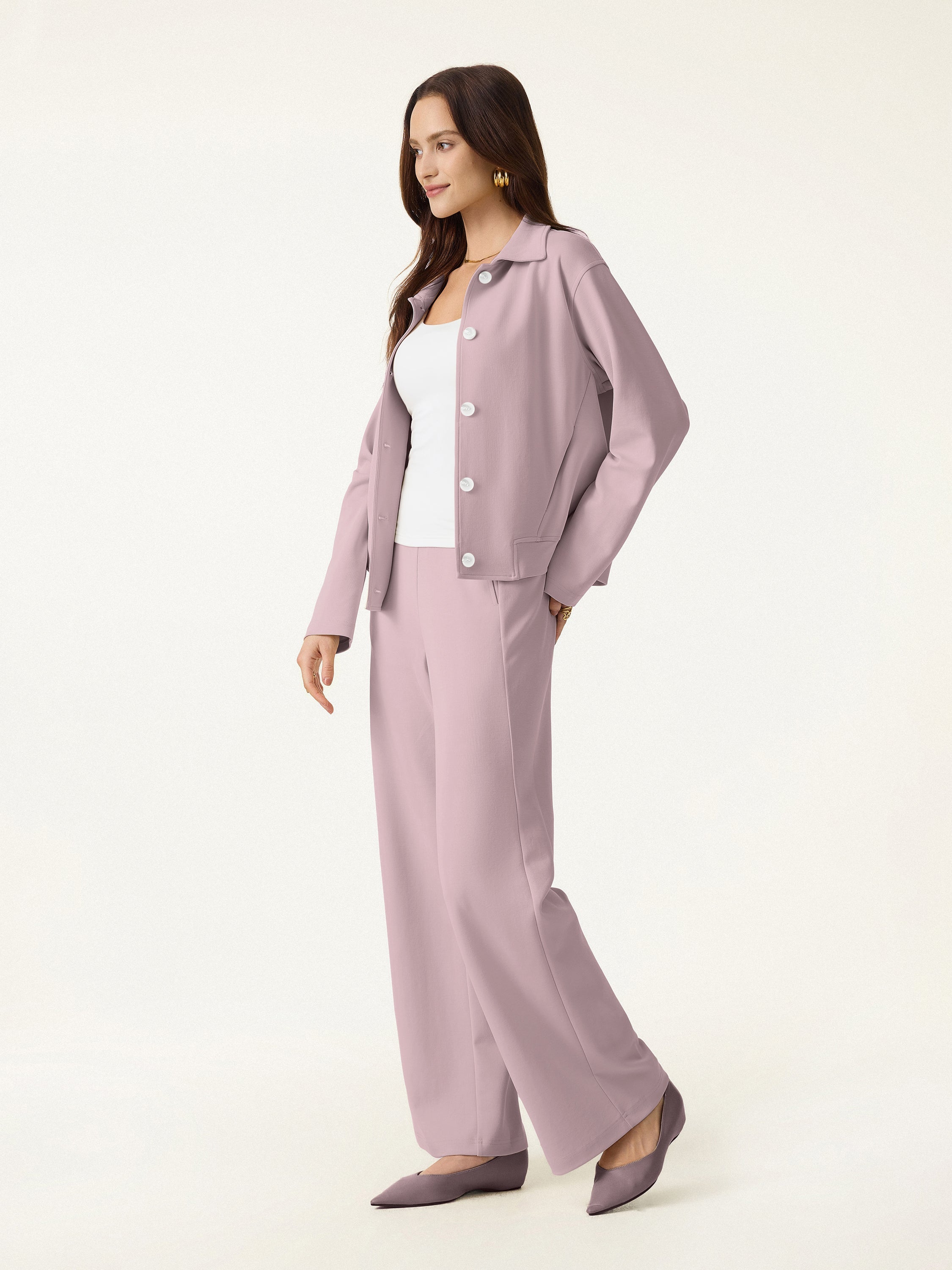 2Pcs Set Collared Button-Front Jacket & Straight Pull-on Pants with Pockets