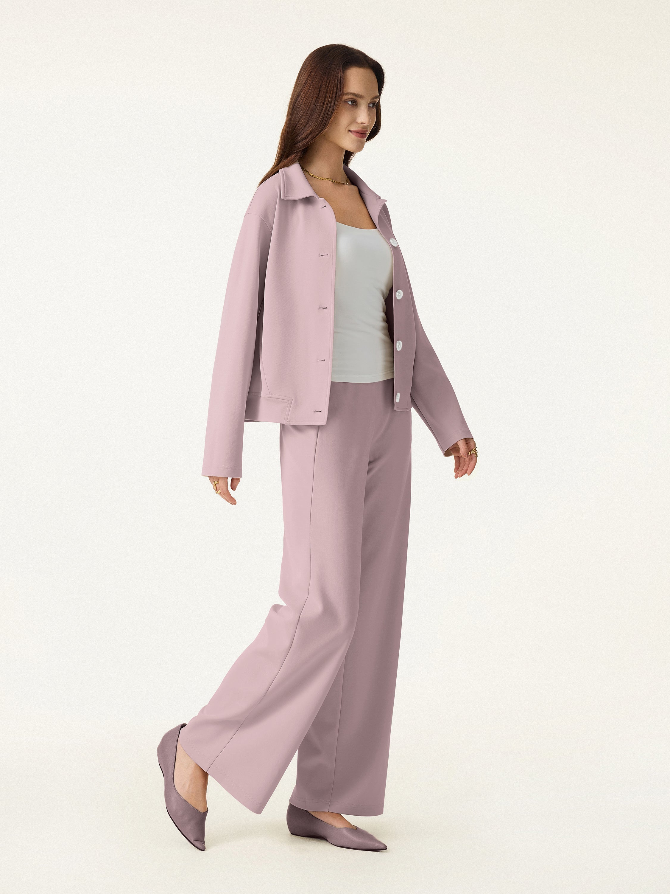 2Pcs Set Collared Button-Front Jacket & Straight Pull-on Pants with Pockets