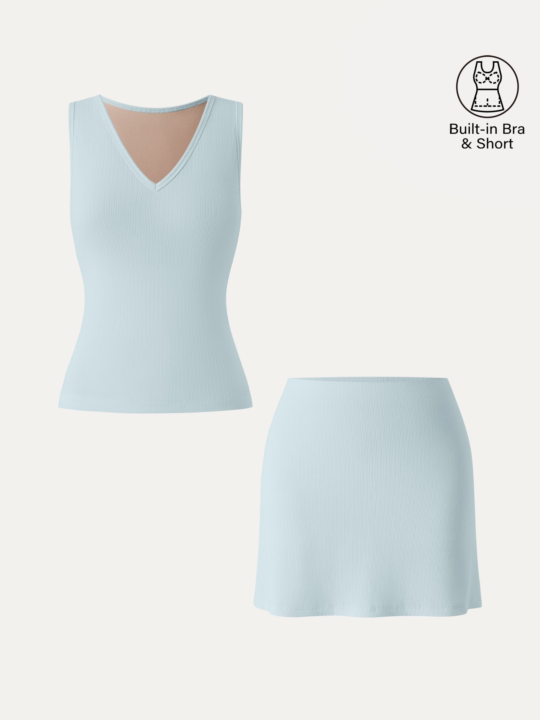 2Pcs Set V-neck Sleeveless Brami Tank & A-line Mini Skirt with Built-in Shorts