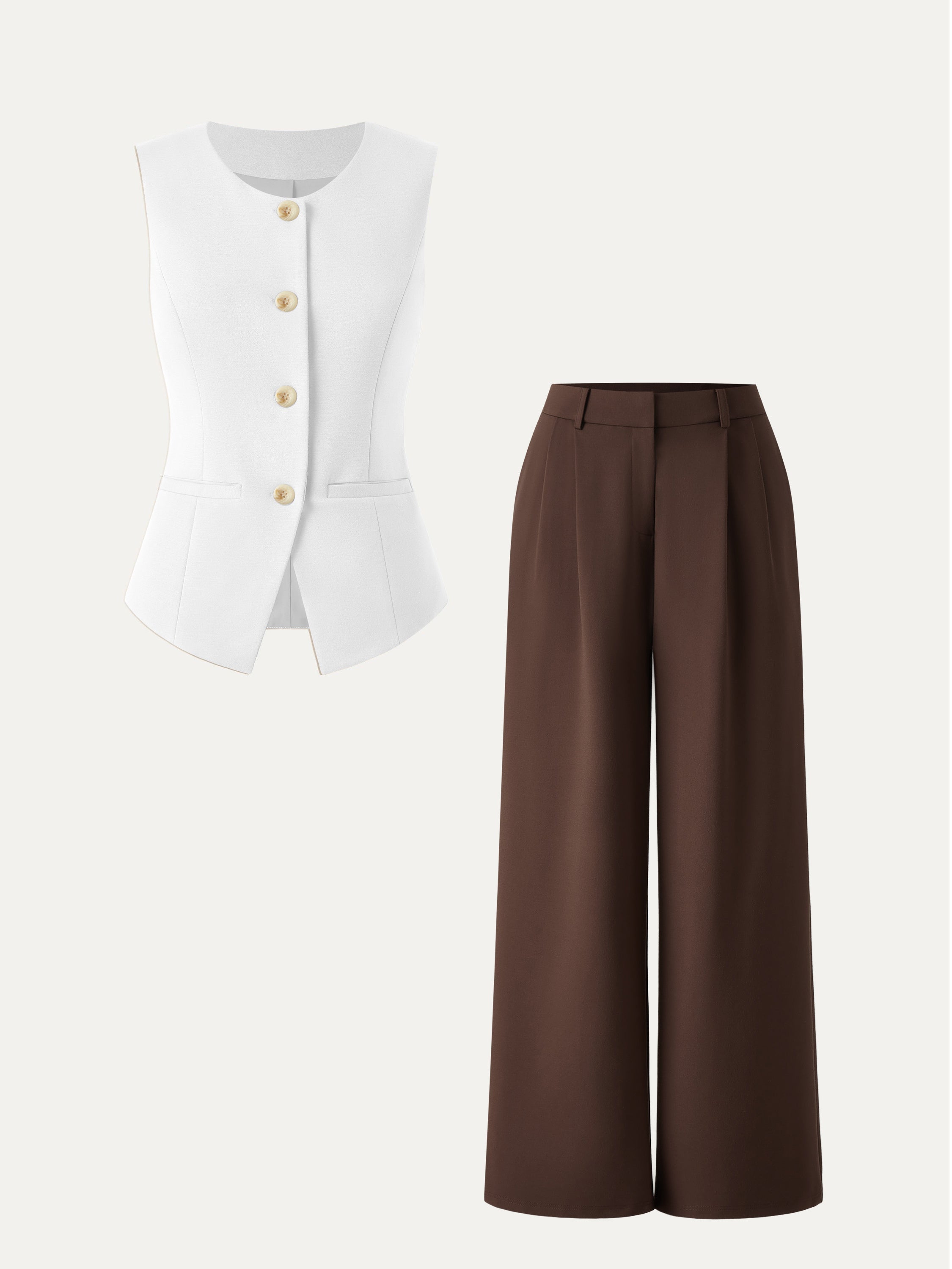 2Pcs Set Waistcoat with Pockets & Wide Leg Pant with Pockets