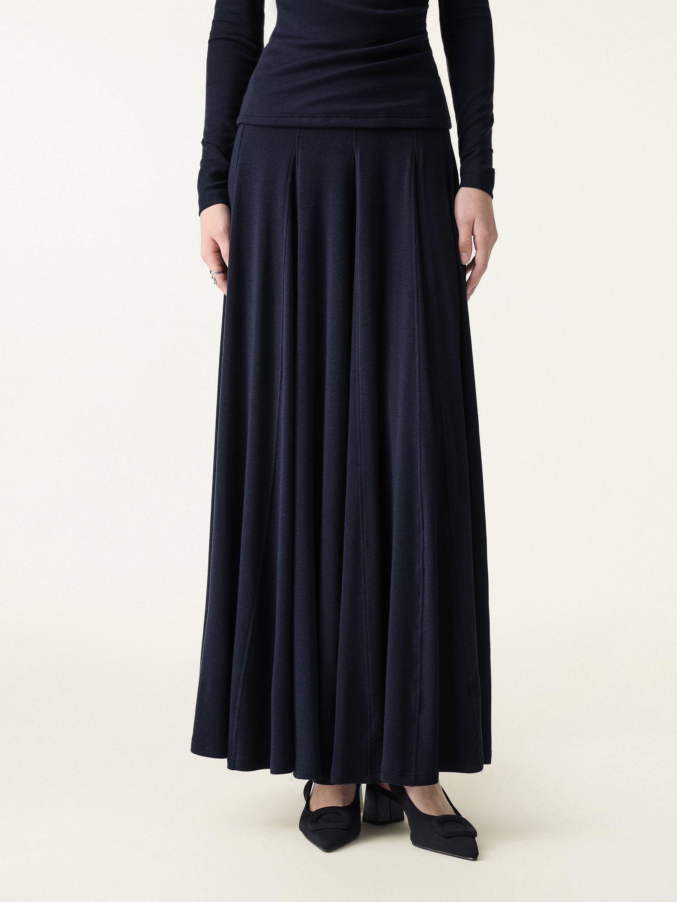 Lyocell Wool Godet Hem Pull-on Maxi Skirt