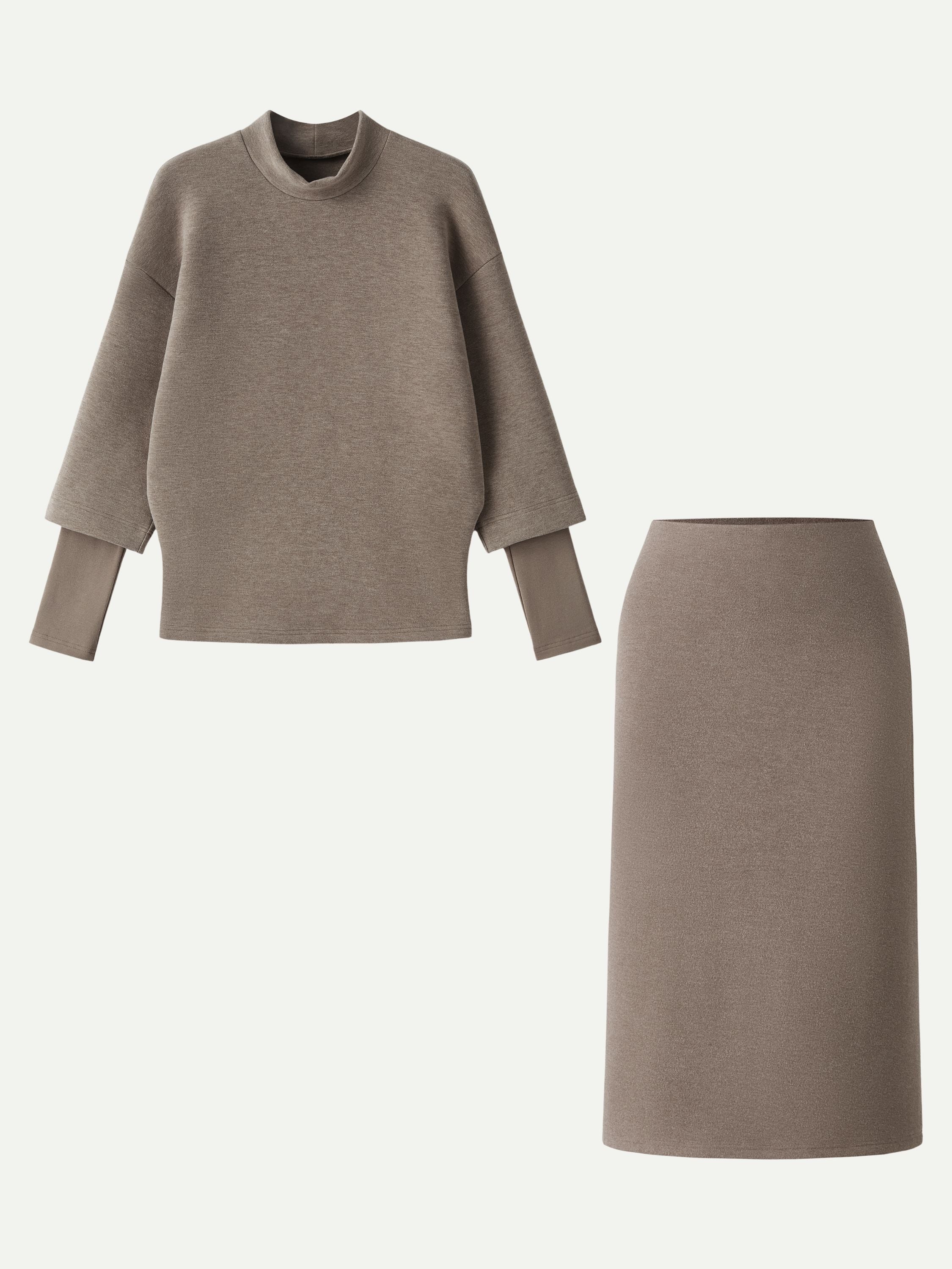 2Pcs Set FuzzLuxe Mockneck Sleeve-Warmer Top & A-line Pull-on Midi Skirt