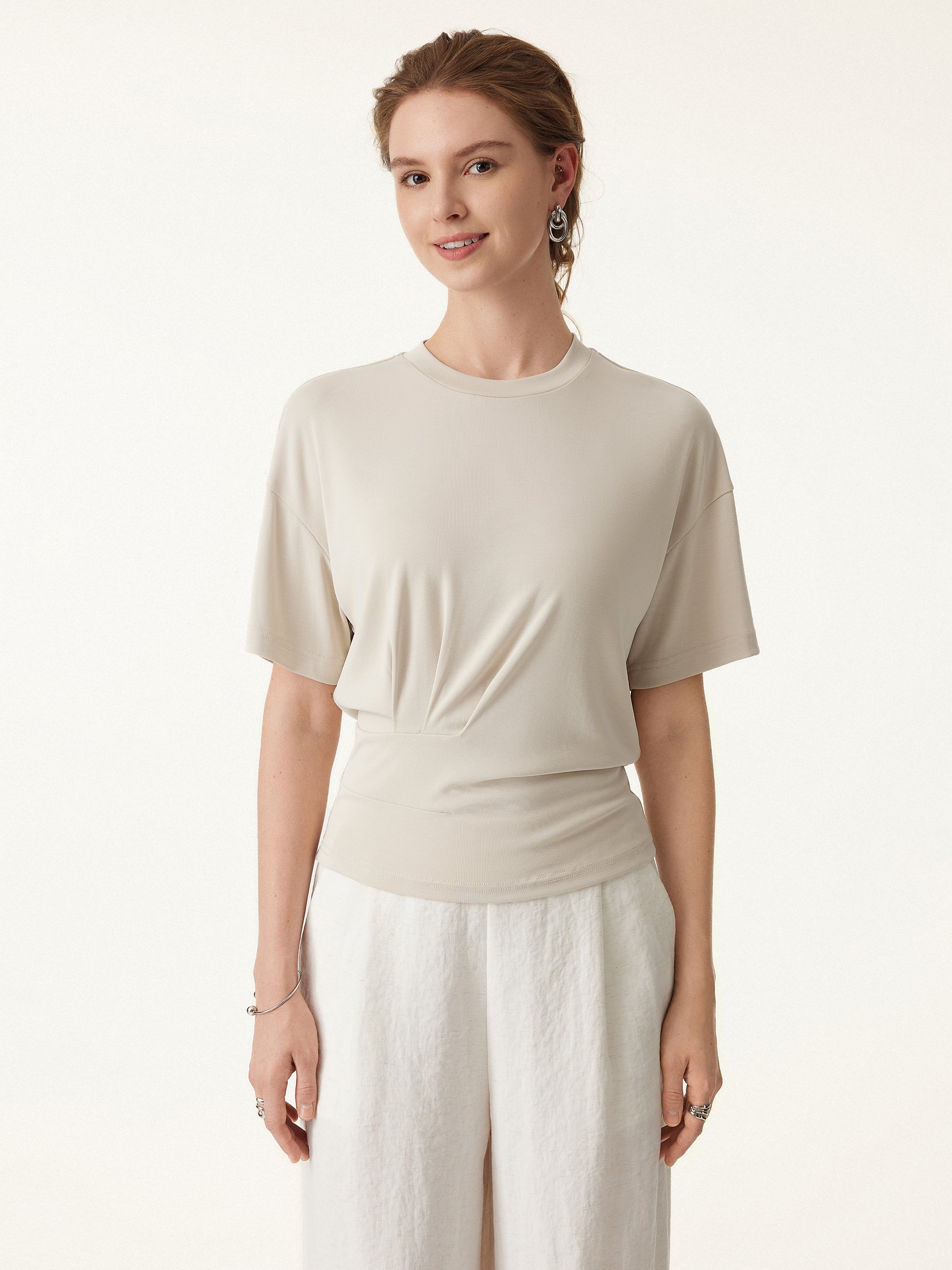 2Pcs Set Crewneck Short Sleeve Tee & Mid Rise Pleated Wide Leg Pants with Pockets