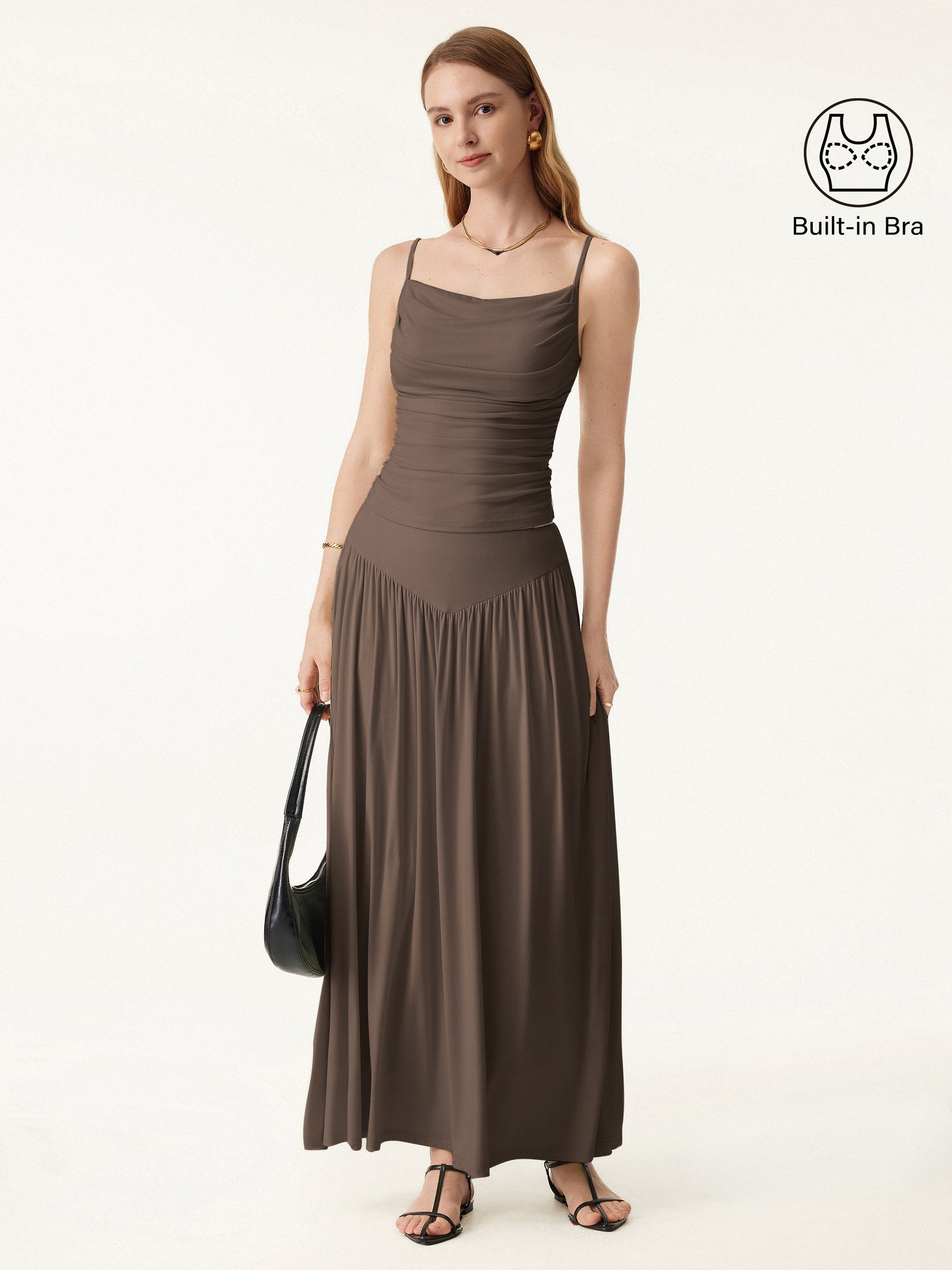 2Pcs Set Adjustable Spaghetti Straps Brami & V-shape Maxi Skirt with Pockets