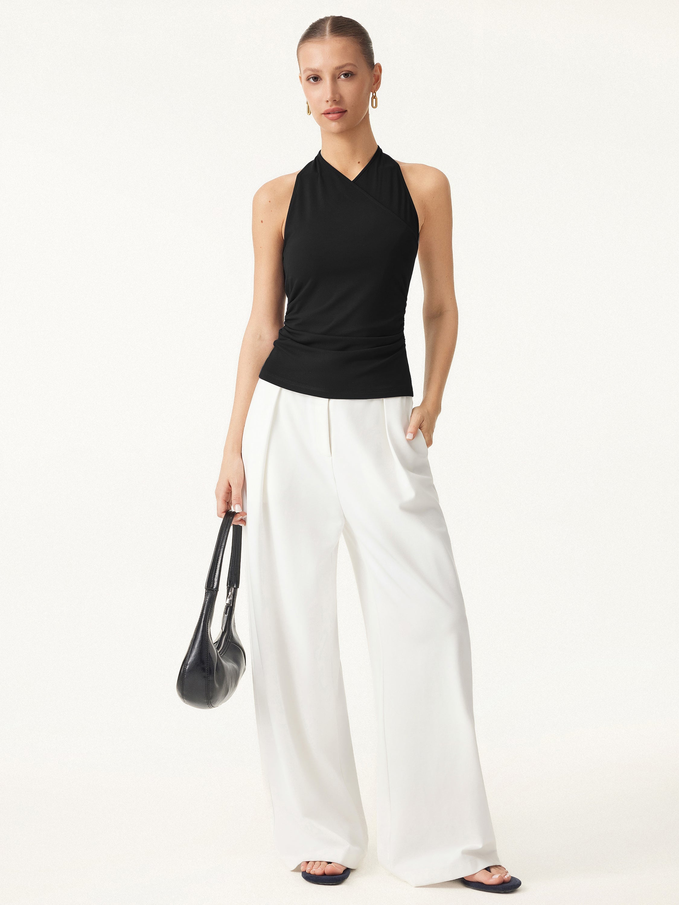 2Pcs Set Surplice Sleeveless Top & Mid Rise Wide Leg Trouser