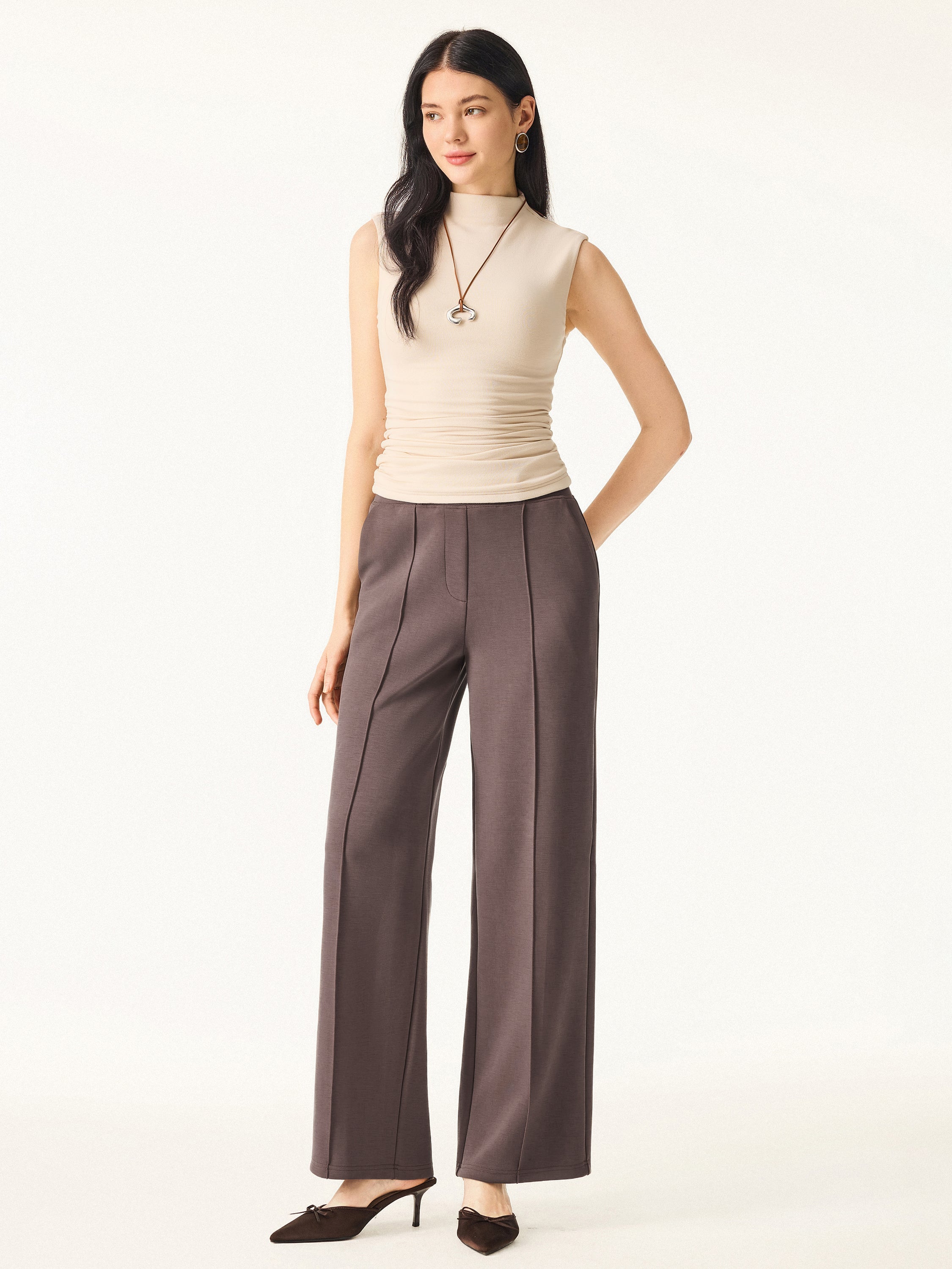 Wrinkle-Resistant Mid Rise Straight Leg Pants with Pockets
