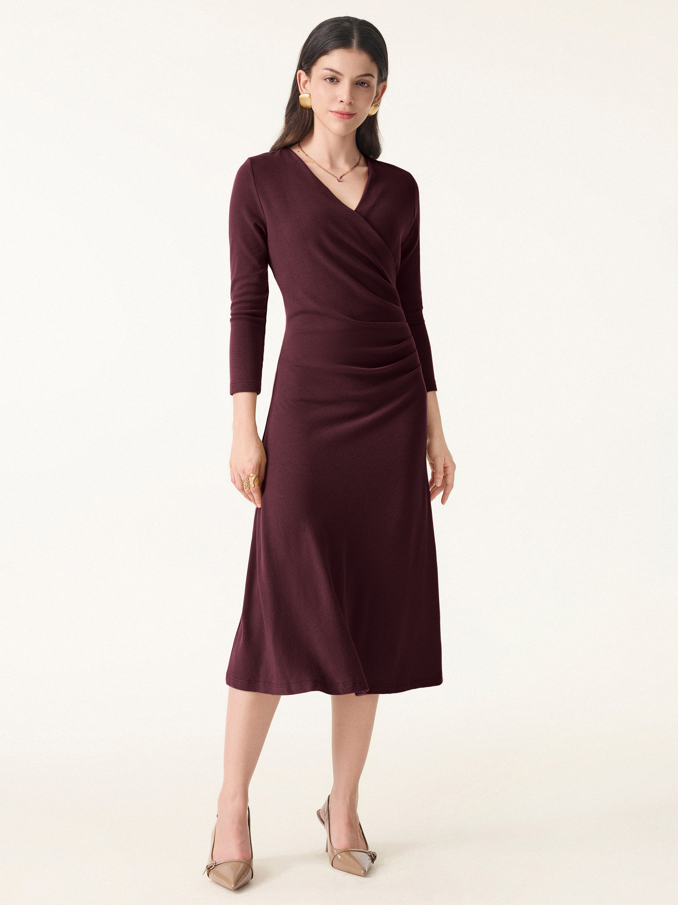 Slimming Surplice 3/4 Sleeve Midi Dress