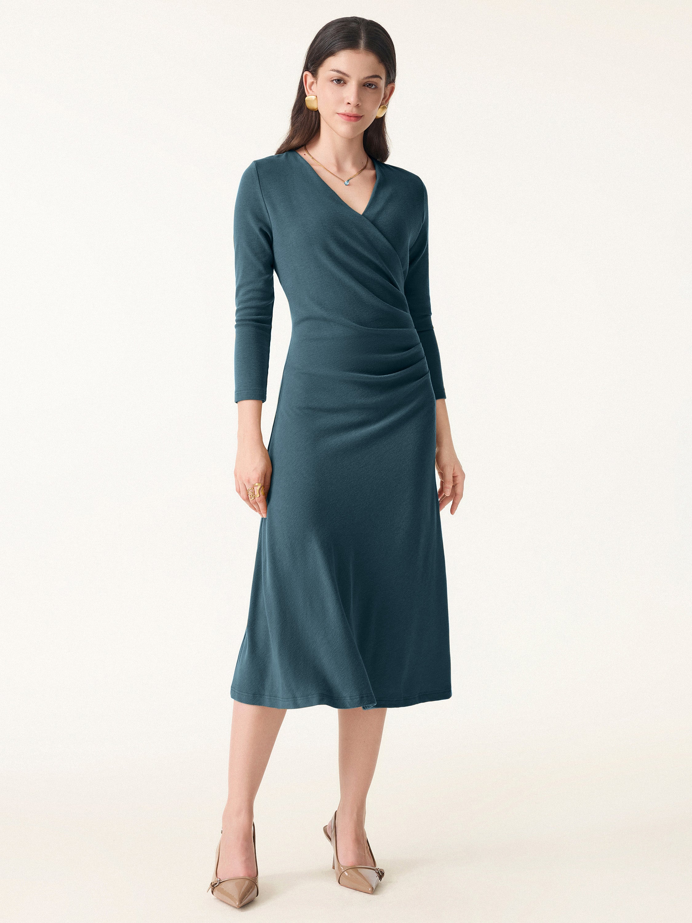 Slimming Surplice 3/4 Sleeve Midi Dress