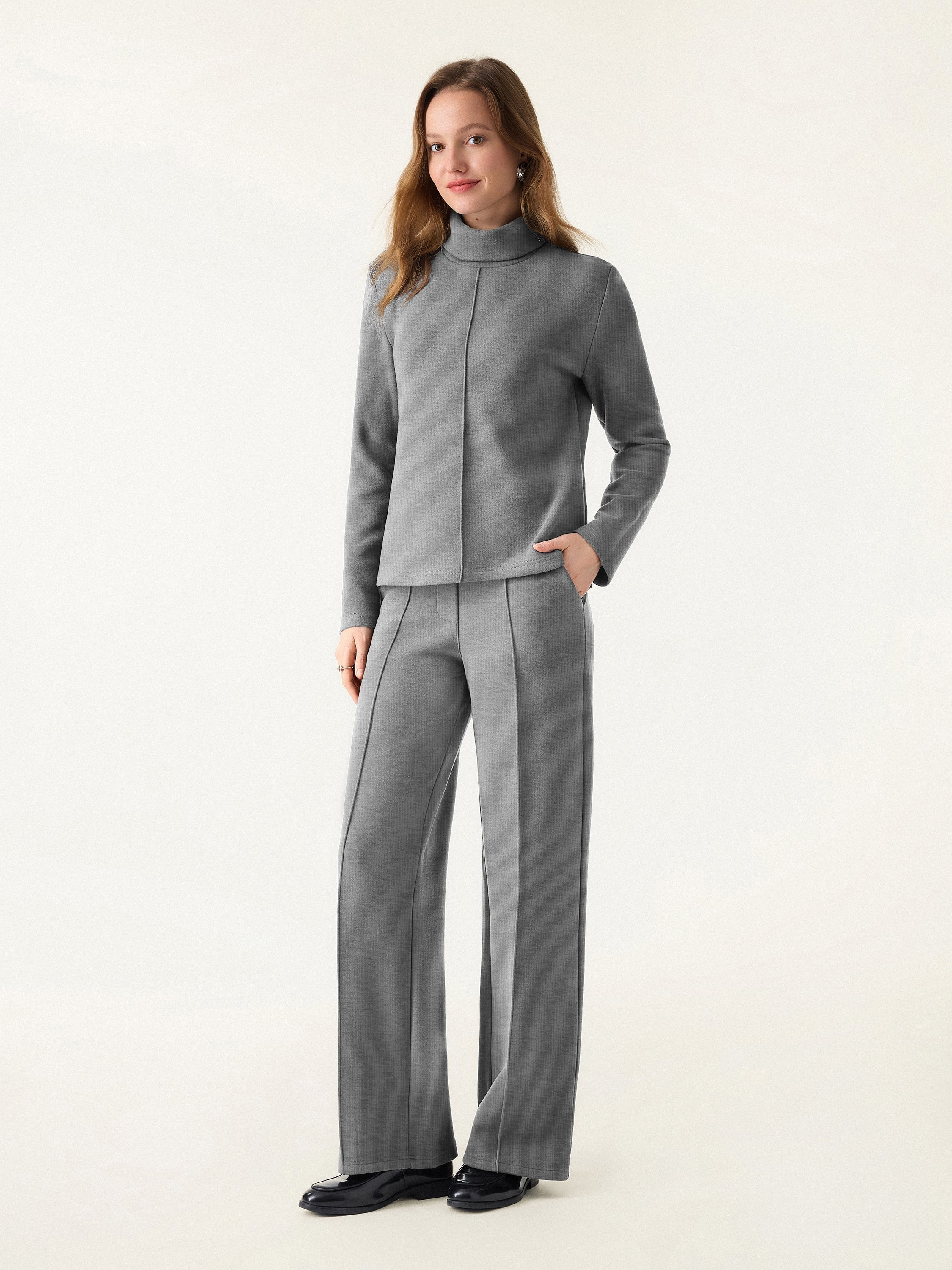 2Pcs Set FuzzLuxe Turtleneck Top & Regular High Waisted Straight Leg Pull On Pant