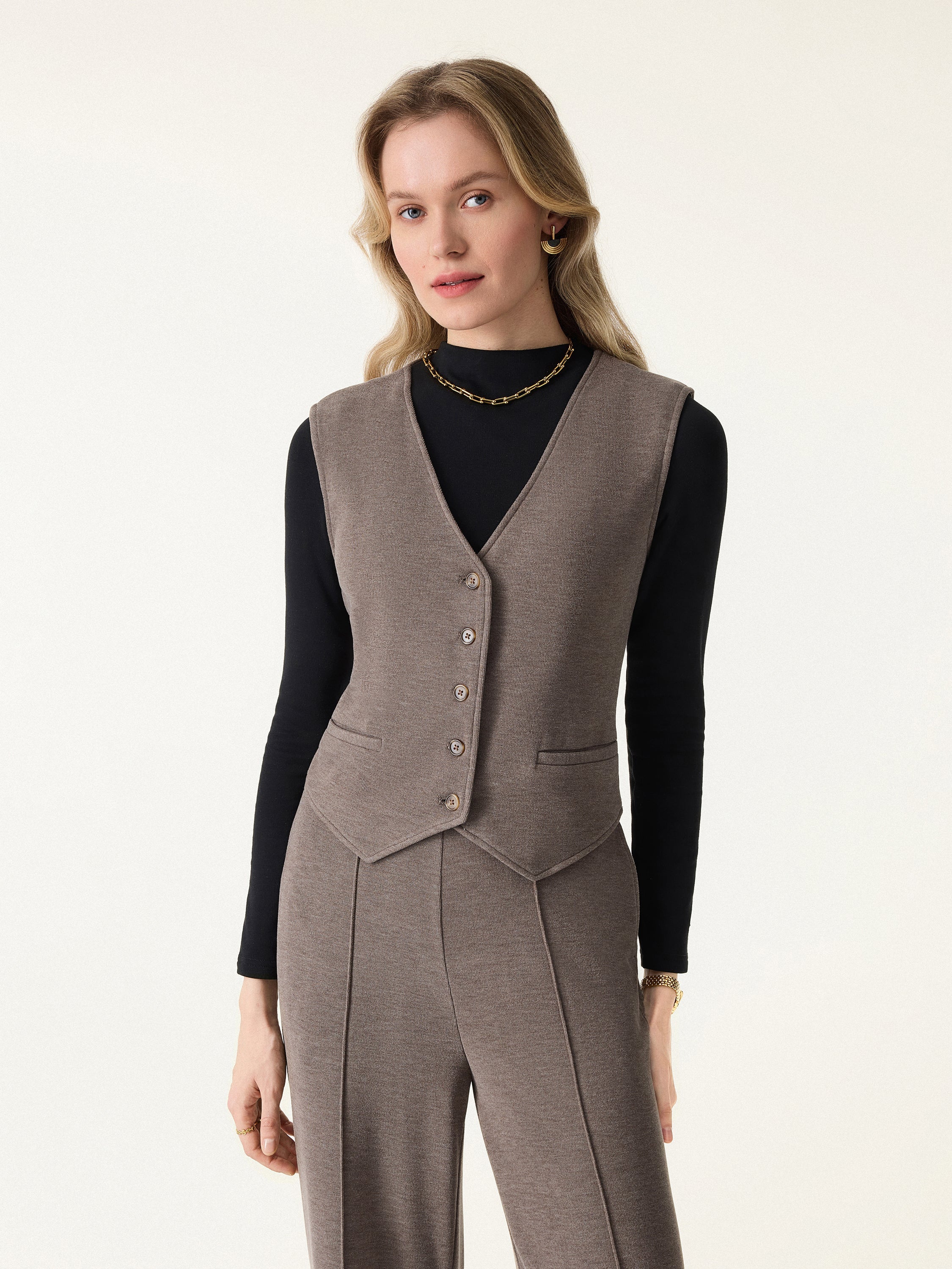 Brushed Warm V-neck Button Front Vest
