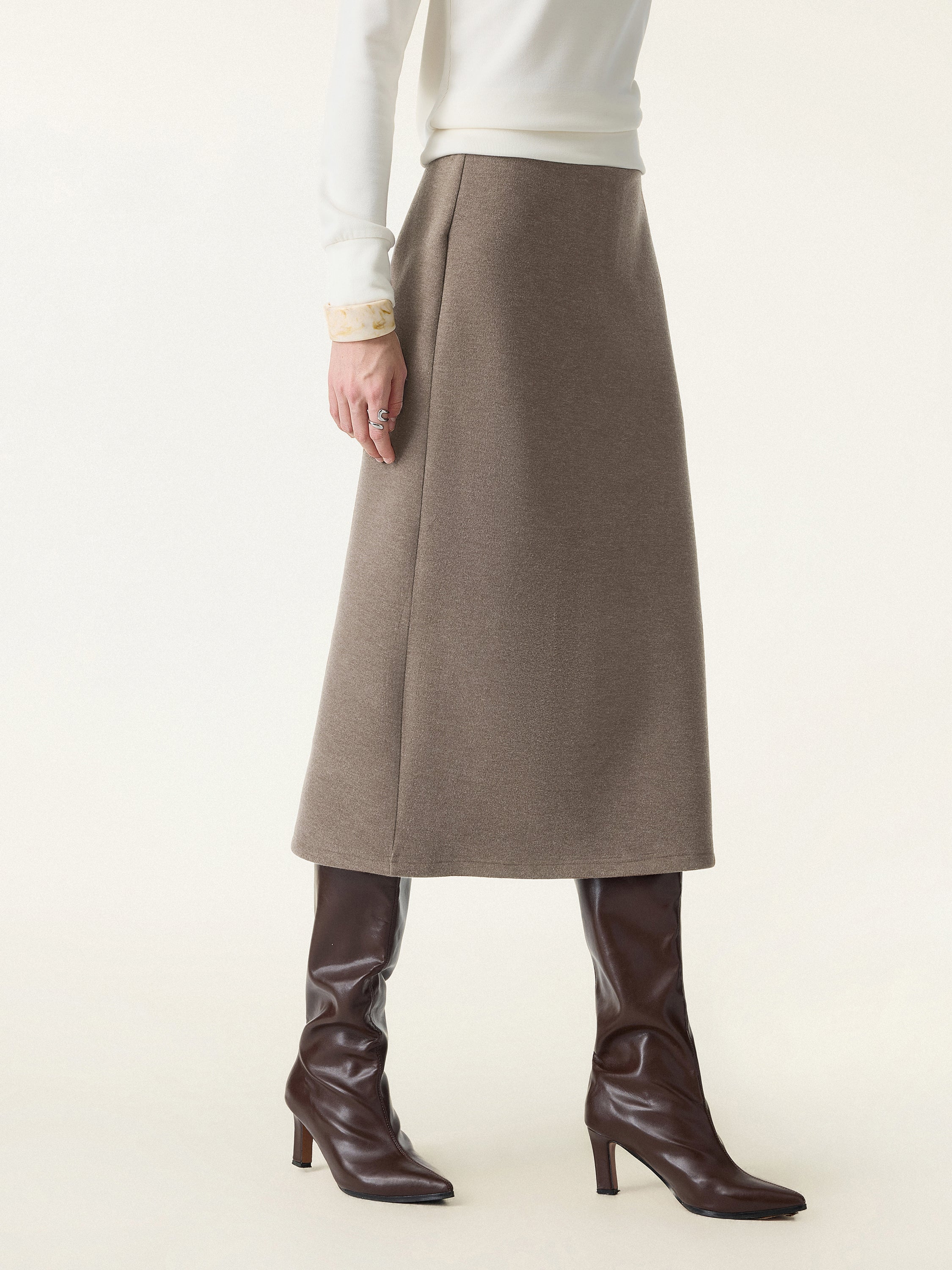 2Pcs Set FuzzLuxe Mockneck Sleeve-Warmer Top & A-line Pull-on Midi Skirt