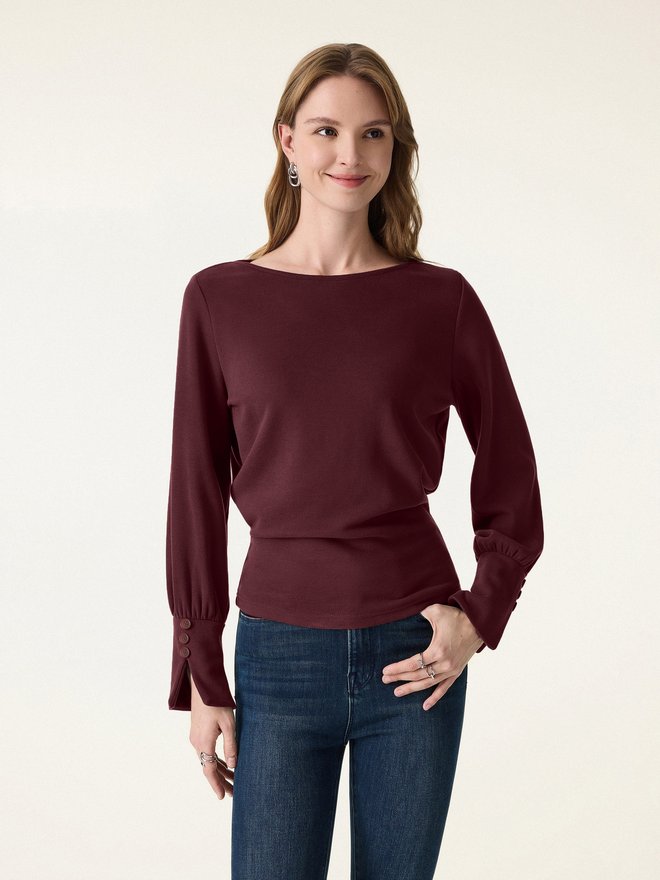 Cozy Warm Boatneck Buttoned Sleeve Top
