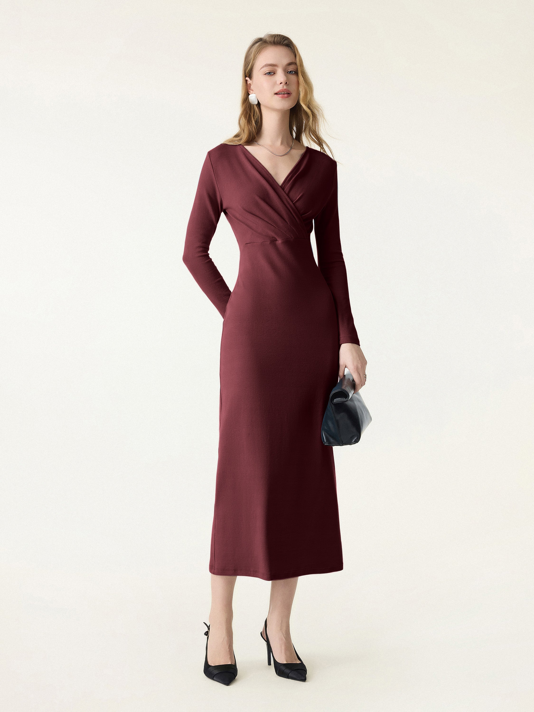 Cotton Lyocell Surplice Tucked H-line Midi Dress