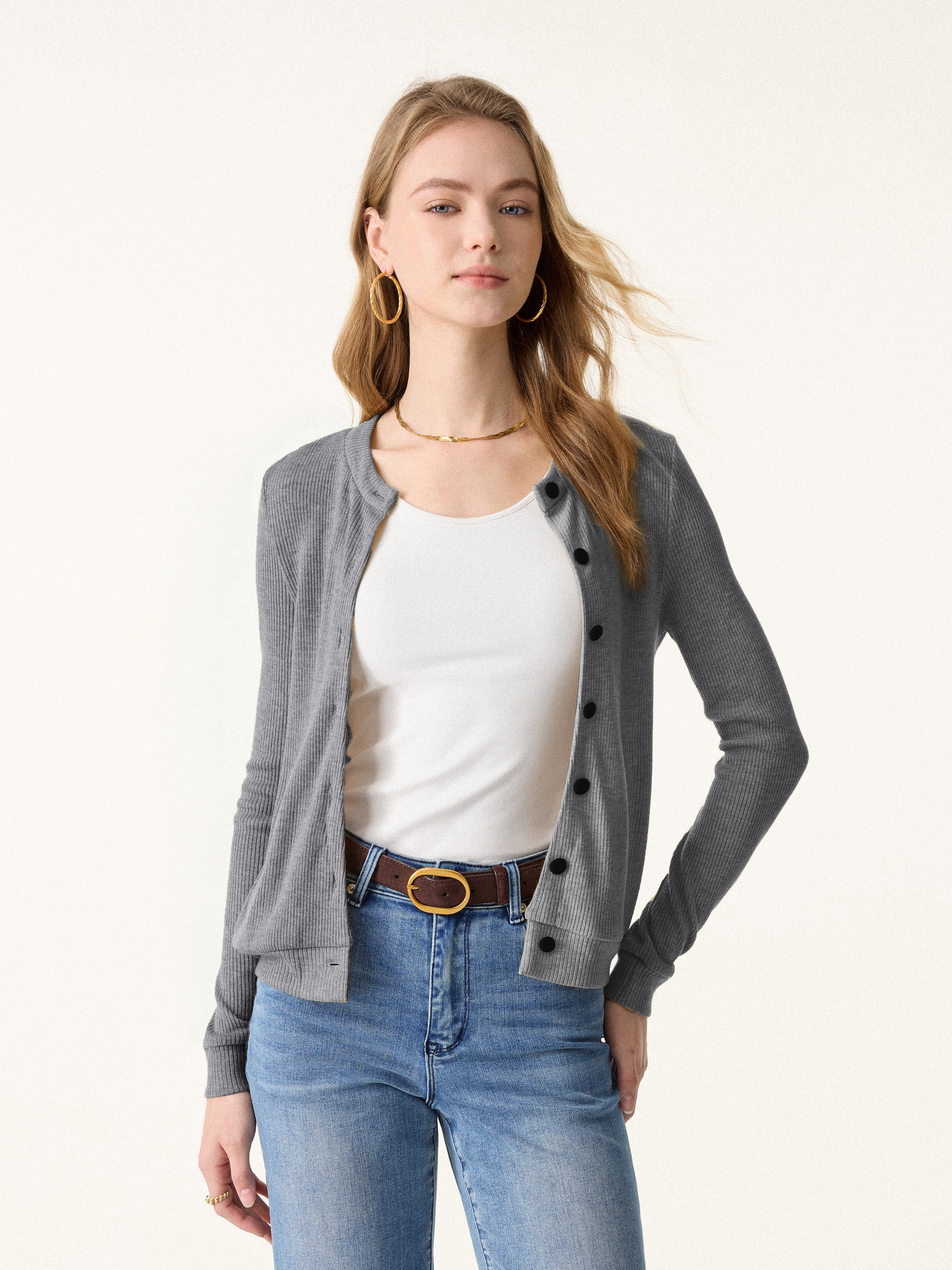 Relaxed Fit Round Neck Button Front Cardigan