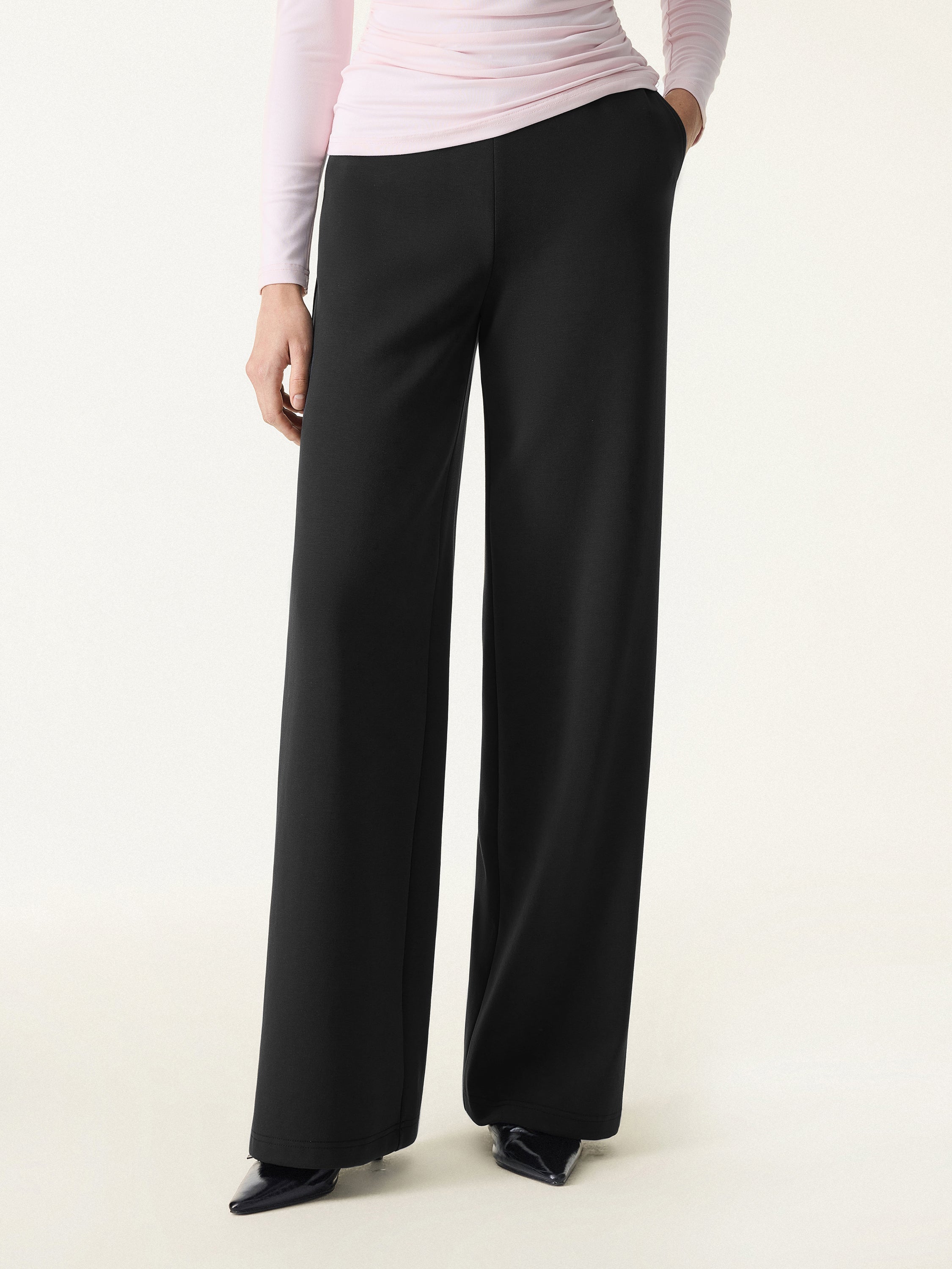Stretch Cotton Blend Mid Rise Straight Leg Pants with Pockets