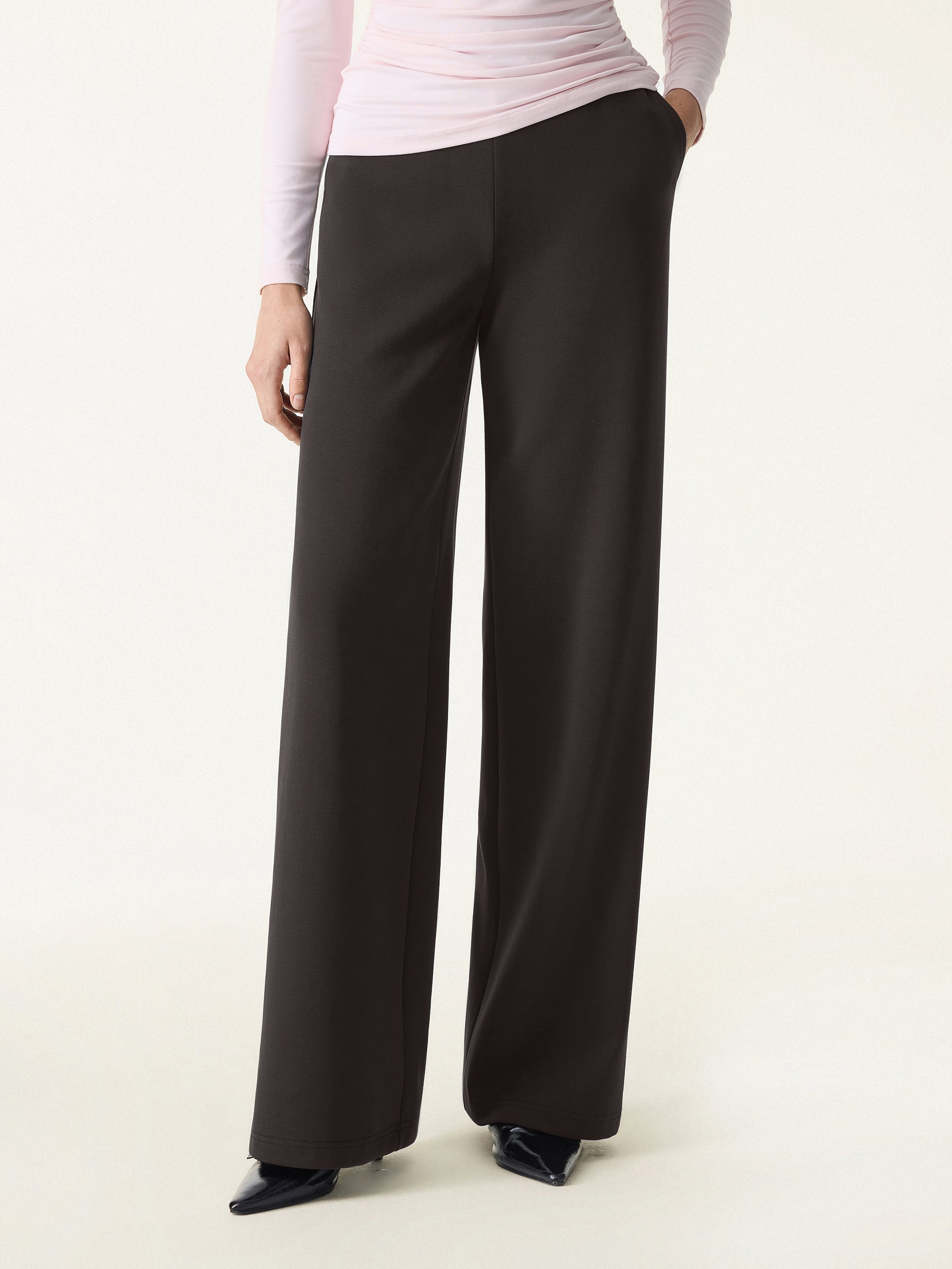 Stretch Cotton Blend Mid Rise Straight Leg Pants with Pockets