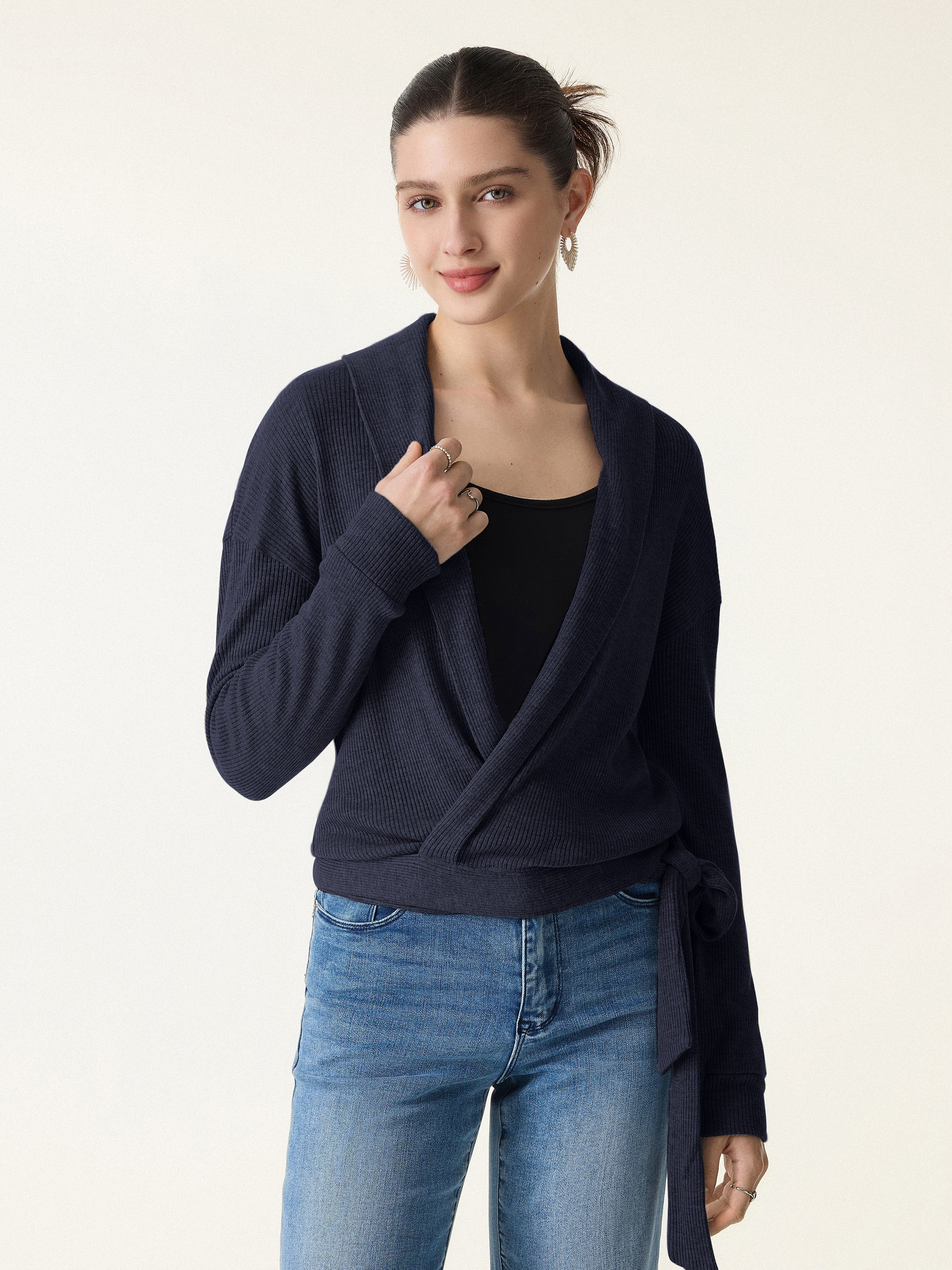 Ribbed Shawl Collar Self-Tie Cardigan