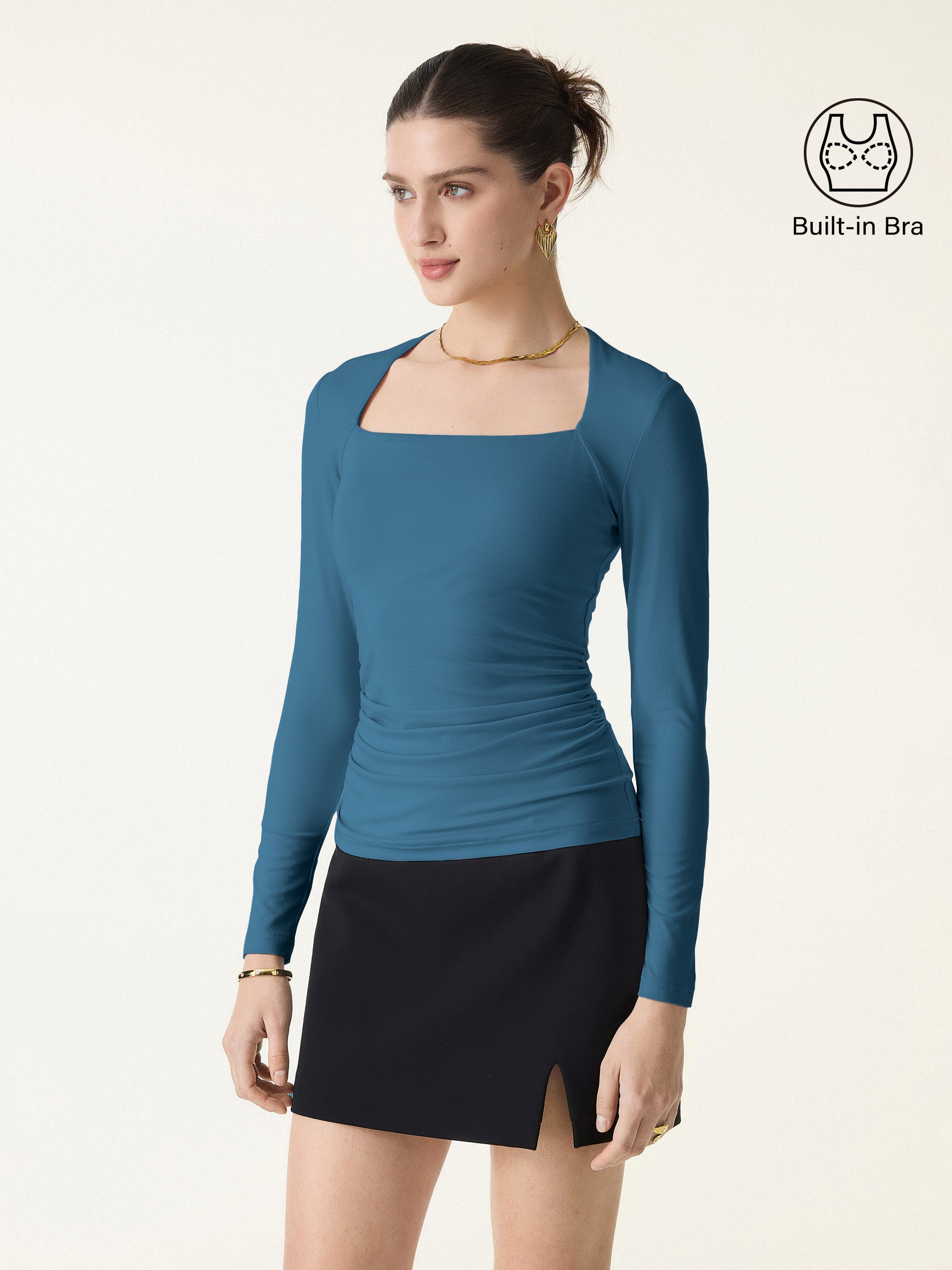 SkinKiss Trapeze Neck Ruched Long Sleeve Brami