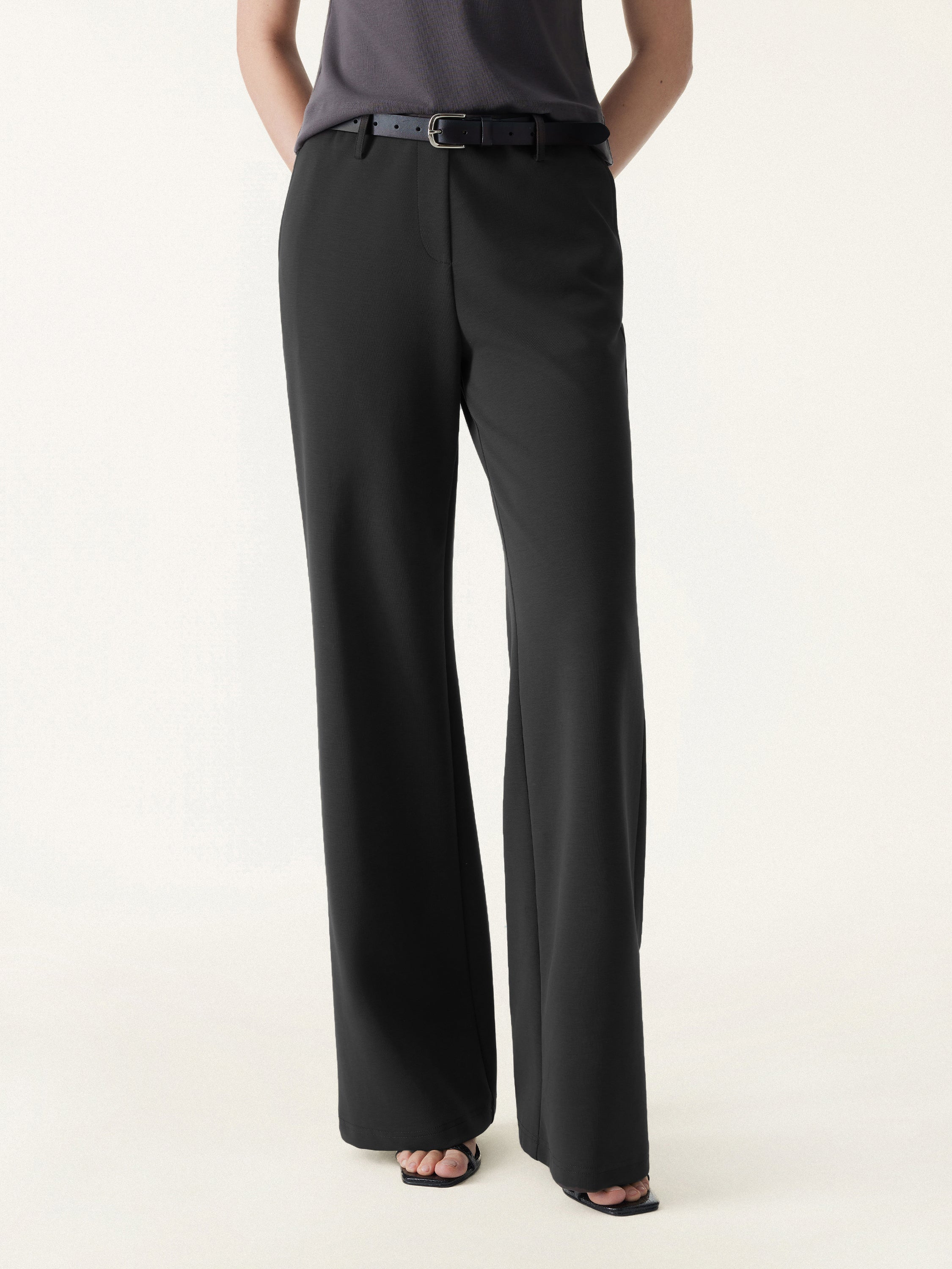 Stretch Cotton Mid Rise Flared Wide Leg Pull-on Pants with Pockets