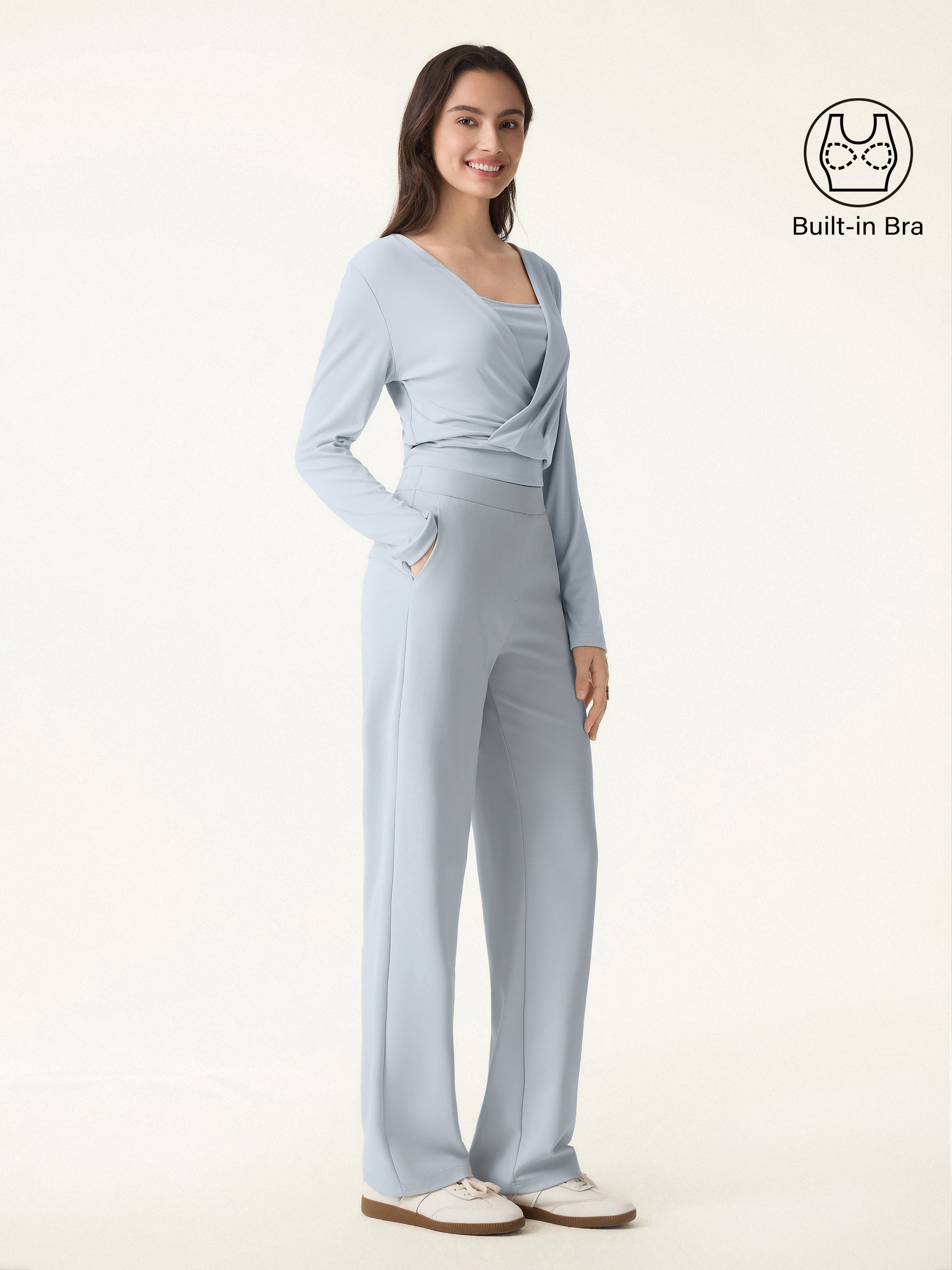 2Pcs Set Modal 2-in-1 Wrap Brami Top & Straight Leg Pull-on Travel Pants