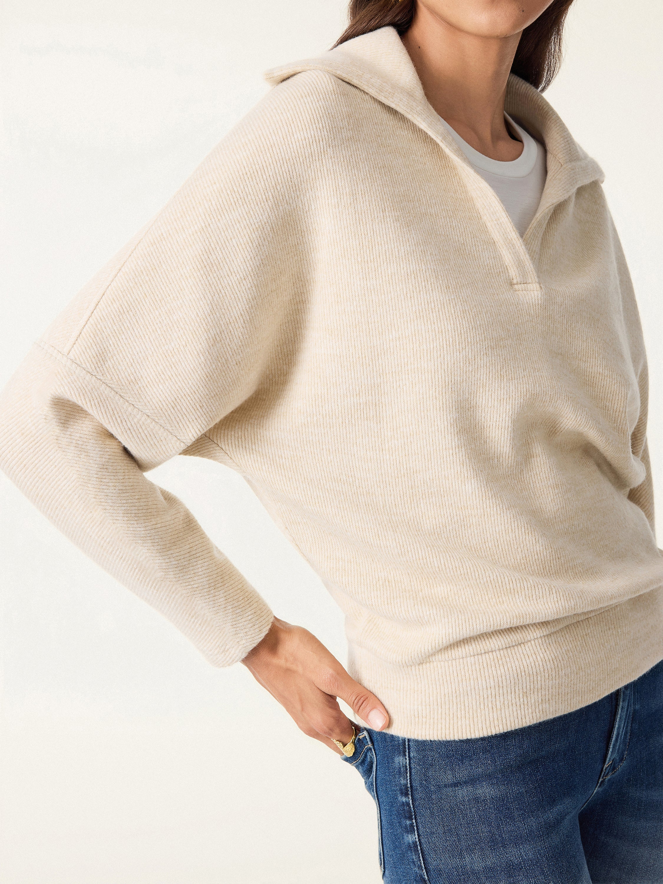 Cozy Collared V-Neck Batwing Sleeve Pullover