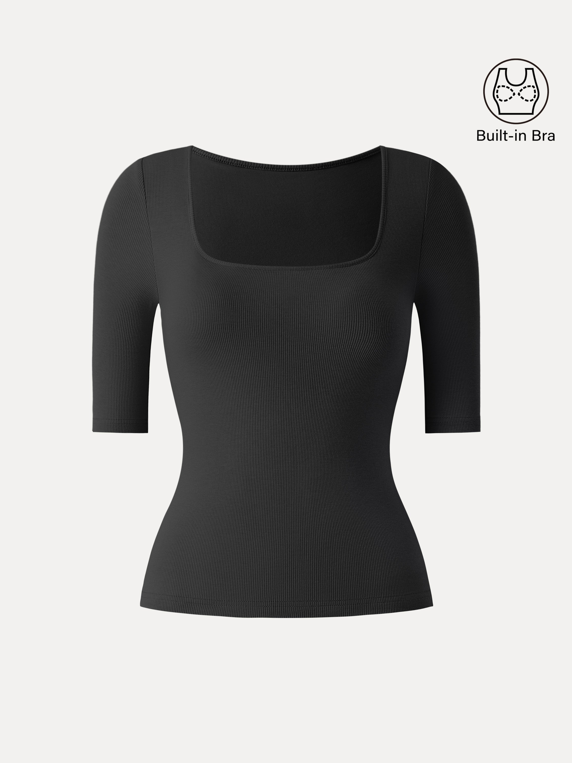 Essential Stretch Cotton Square Neck Elbow Length Sleeve Brami